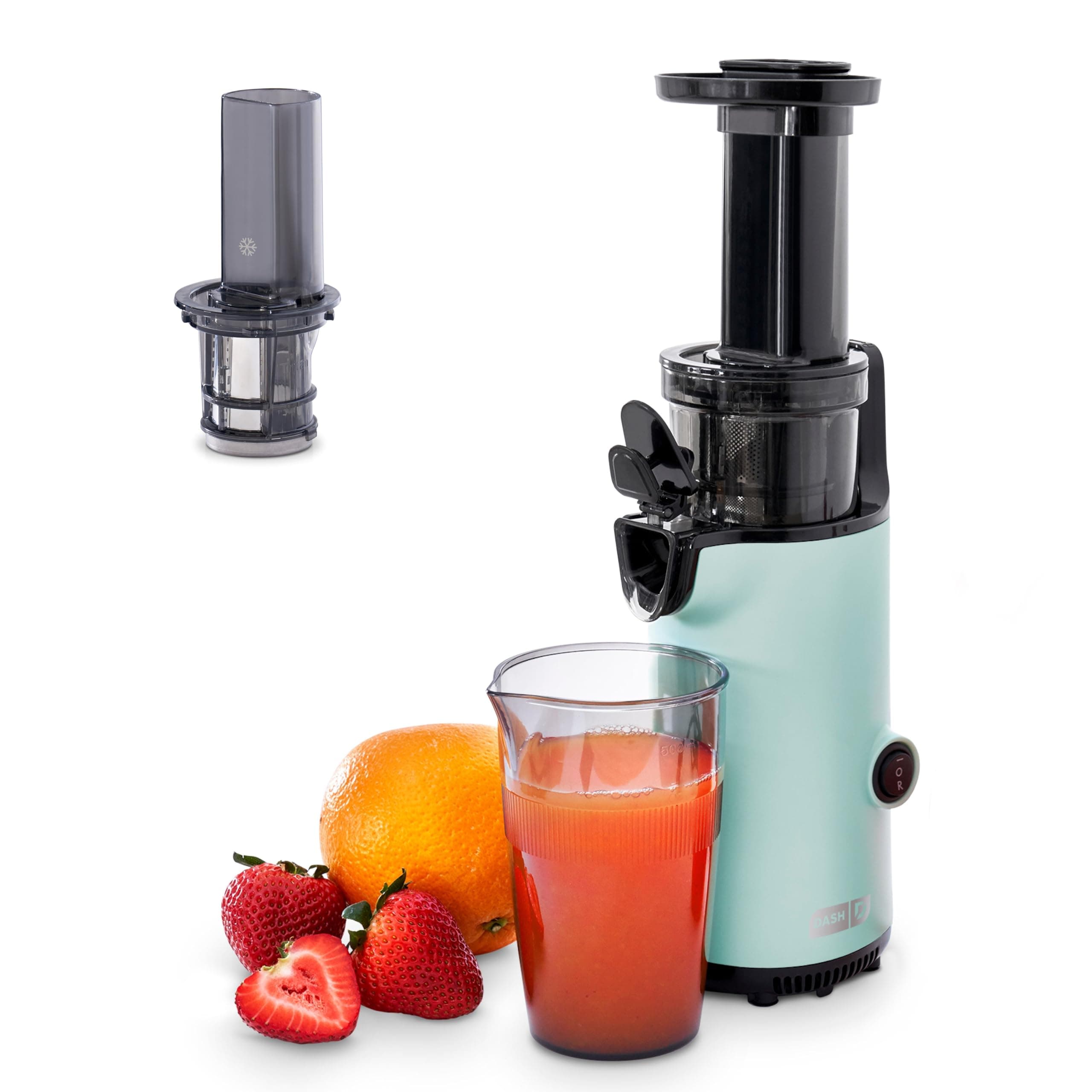 Dash DCSJ255 Deluxe Compact Power Slow Masticating Extractor Easy to Clean Cold Press Juicer with Brush, Pulp Measuring Cup, Frozen Attachment and Juice Recipe Guide, Aqua