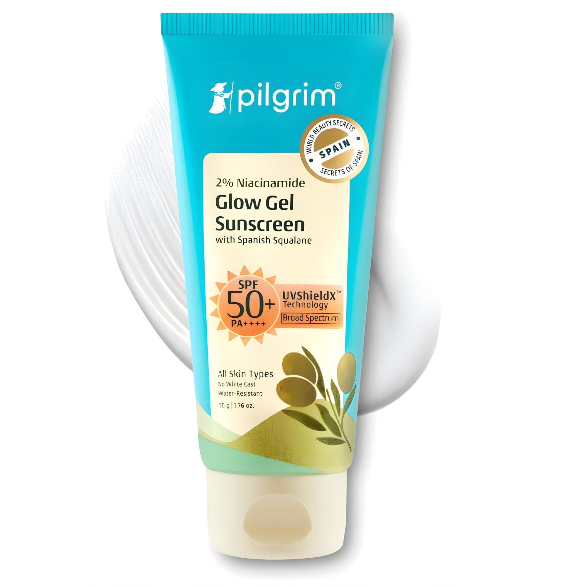 Pilgrim 2% Niacinamide Glow Sunscreen SPF 50 +++ for men and women with Spanish Squalane | Enhances Glow, Broad spectrum, Non-greasy, No white cast & Prevents Tanning | All skin types | 50 gm