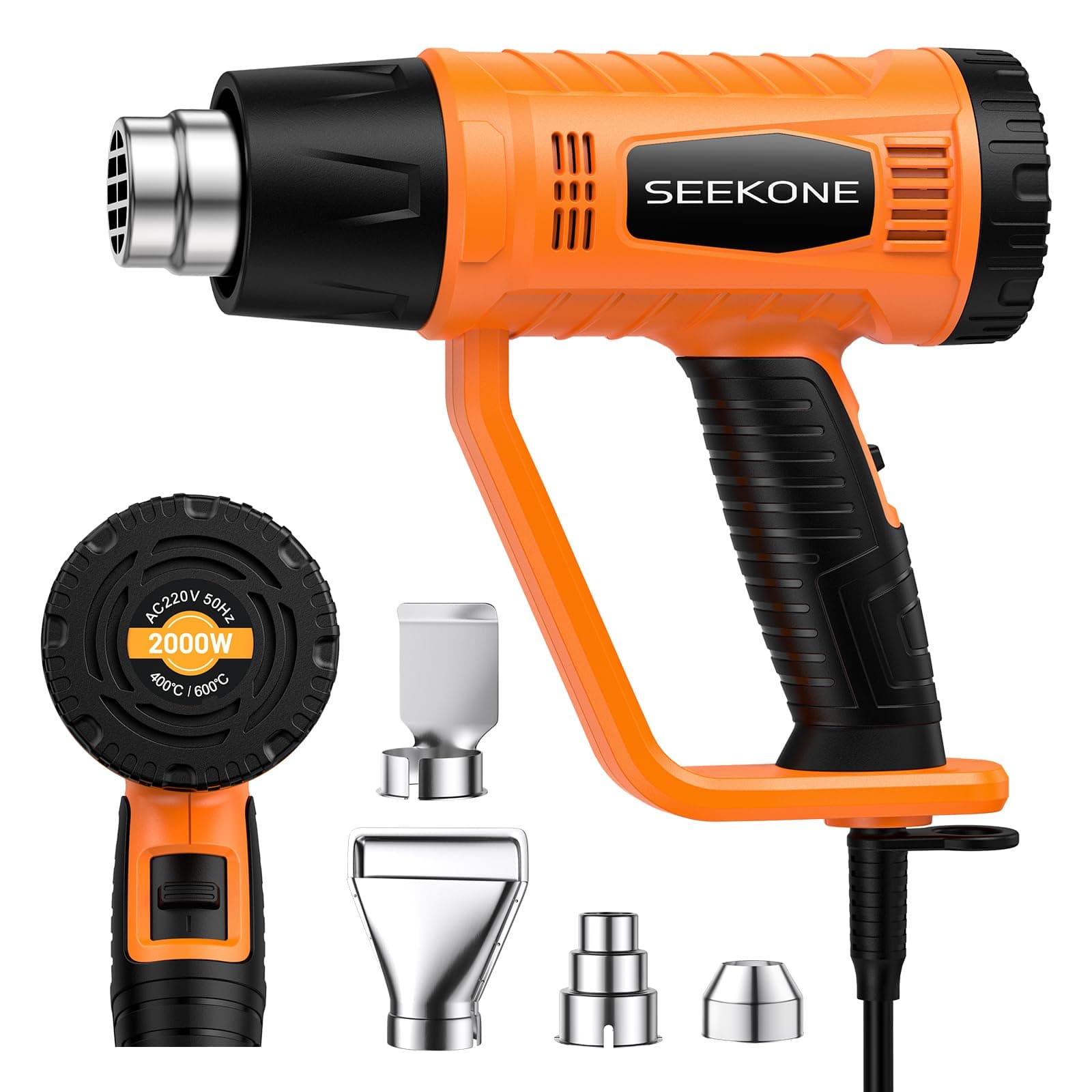 Heat Gun, SEEKONE 2000W Professional Heavy Duty Hot Air Gun Kit 400℃ & 600℃ Dual-Temperature Settings with Flame Retardant Protective Cover, 4 Nozzles for Crafts, Shrinking PVC, Stripping Paint