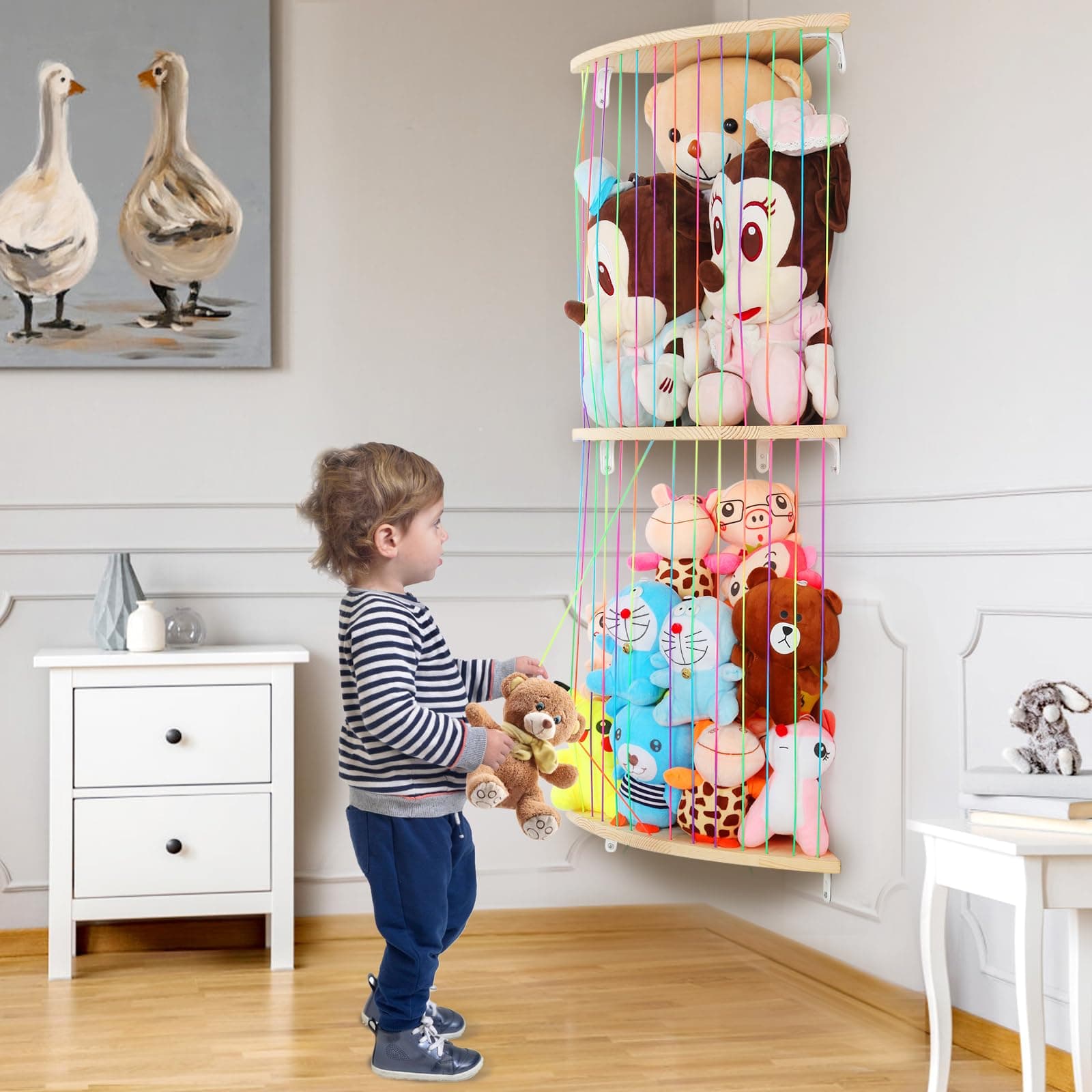 VOMELONStuffed Animal Storage Hammock, Wood Stuffed Animal Holder, Playroom Nursery Toy Storage Organizer, Decorative Wall Hanging Caddy Corner Stuffed Animal Net, Soft Toy Net for Kids Room Décor