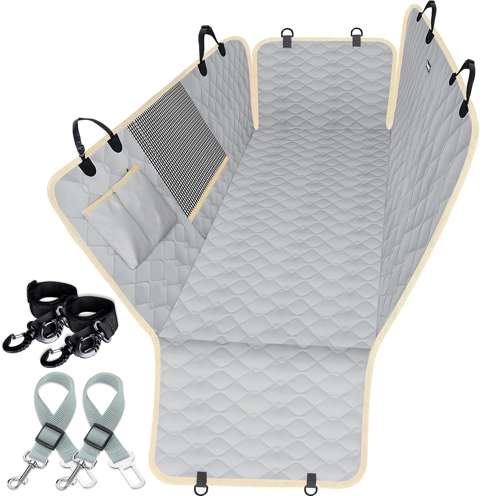 Lassie Dog Car Seat Covers for Back Seat with 2 Seat Belts, Waterproof Dog Car Hammock with Mesh Window Durable Scratch Proof Nonslip Pet Carseat Covers Universal Fit Protector for Cars, Trucks & SUVs