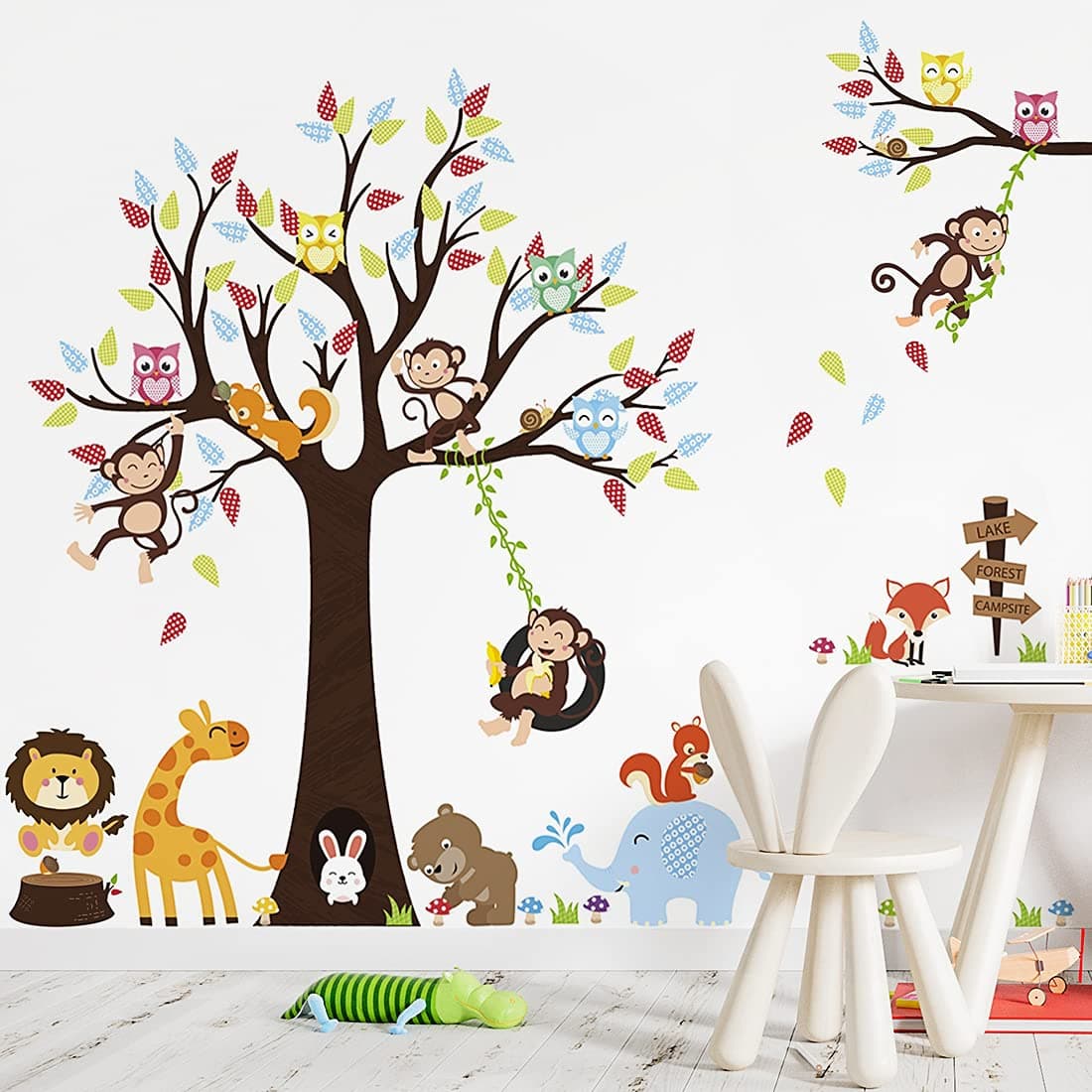 LiveGalleryCartoon Animals Wall Decals Removable Tree Wall Stickers DIY Owls Wall Art Cute Monkey Elephant Giraffe Wall Decal for Kids Boys Children Bedroom Playroom Nursery Rooms Decoration 39"x65"