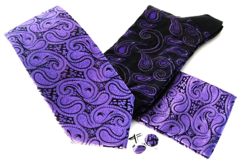 StylishMan Men's Purple Paisley Silk Tie, Socks, Hanky & Cufflinks Set