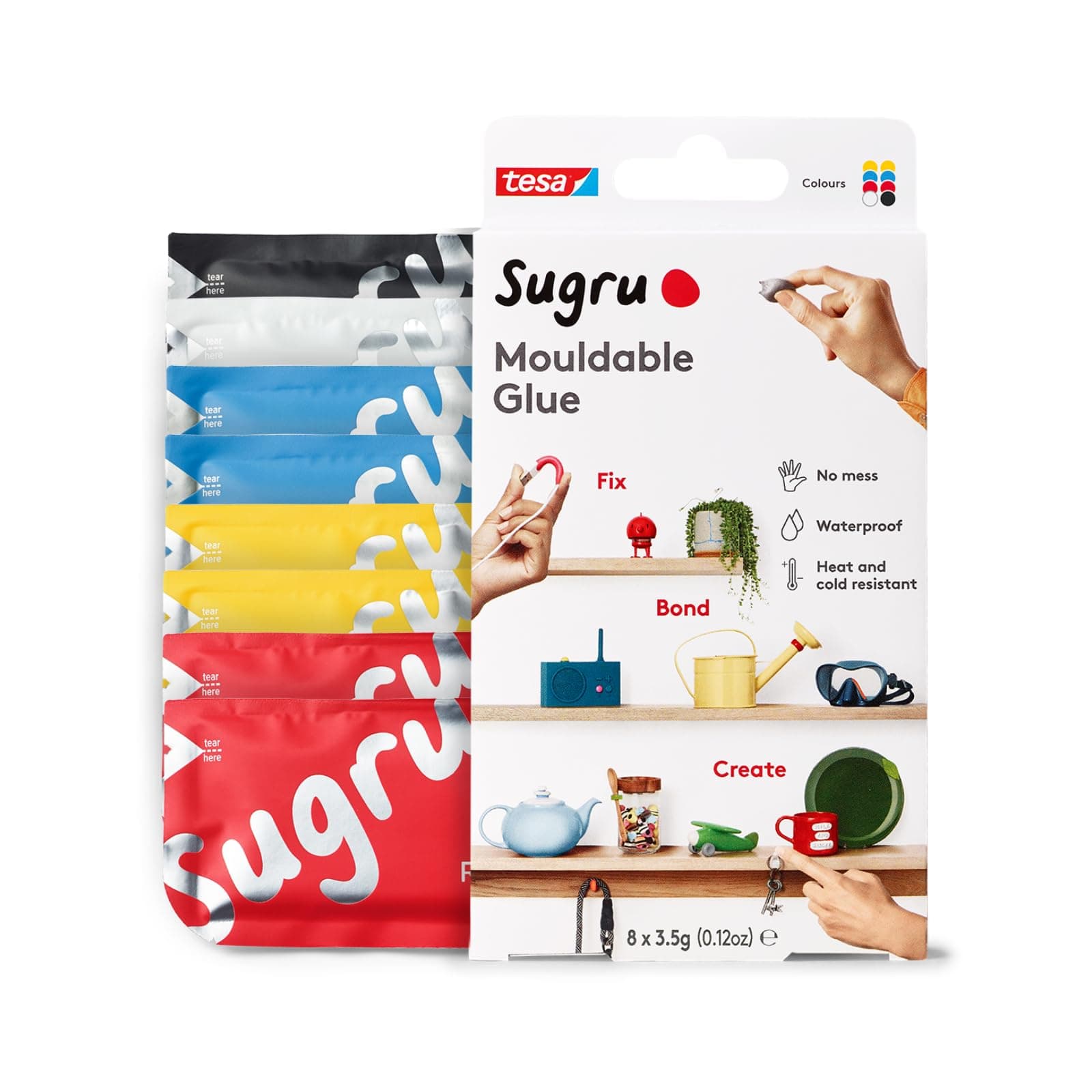 Sugru by tesa - Mouldable Multi-Purpose Glue for Creative Fixing and Making, Black, White, Red, Yellow & Blue, 8-Pack