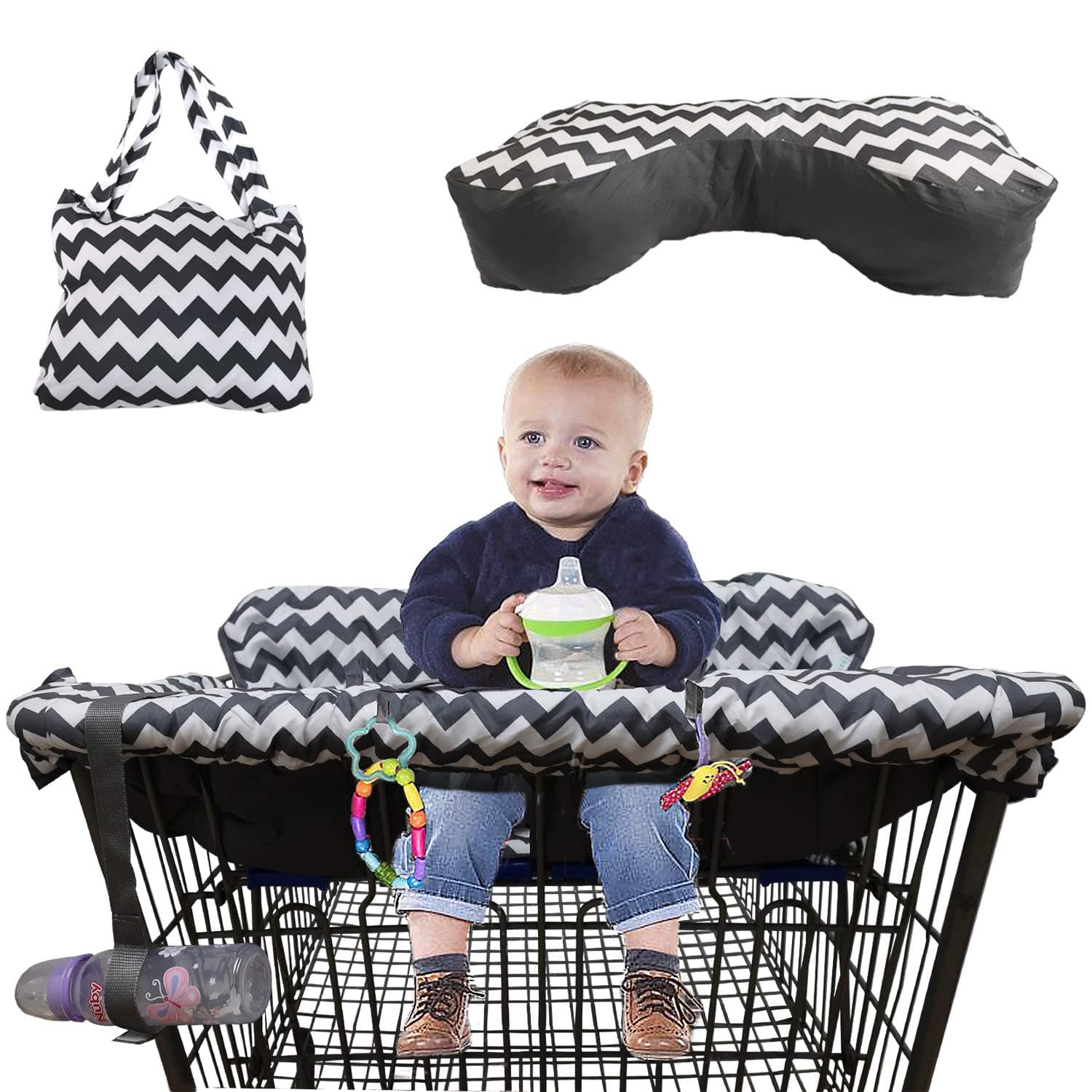 Shopping Cart Cover with Support Cushion for Baby, Cotton High Chair Cover, Loaded with Baby-Friendly Features, Fits All Shopping Carts, Bonus Toy Included