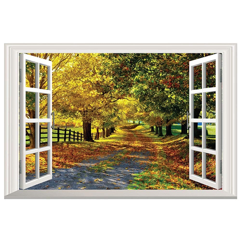 Home Find Fake Faux Window View Tranquil Alley Autumn Wall Stickers Living Room Bedroom Nursery Wall Decals Removable Self Adhesive 3D Vinyl Home Decoration (23 inches x 15 inches)