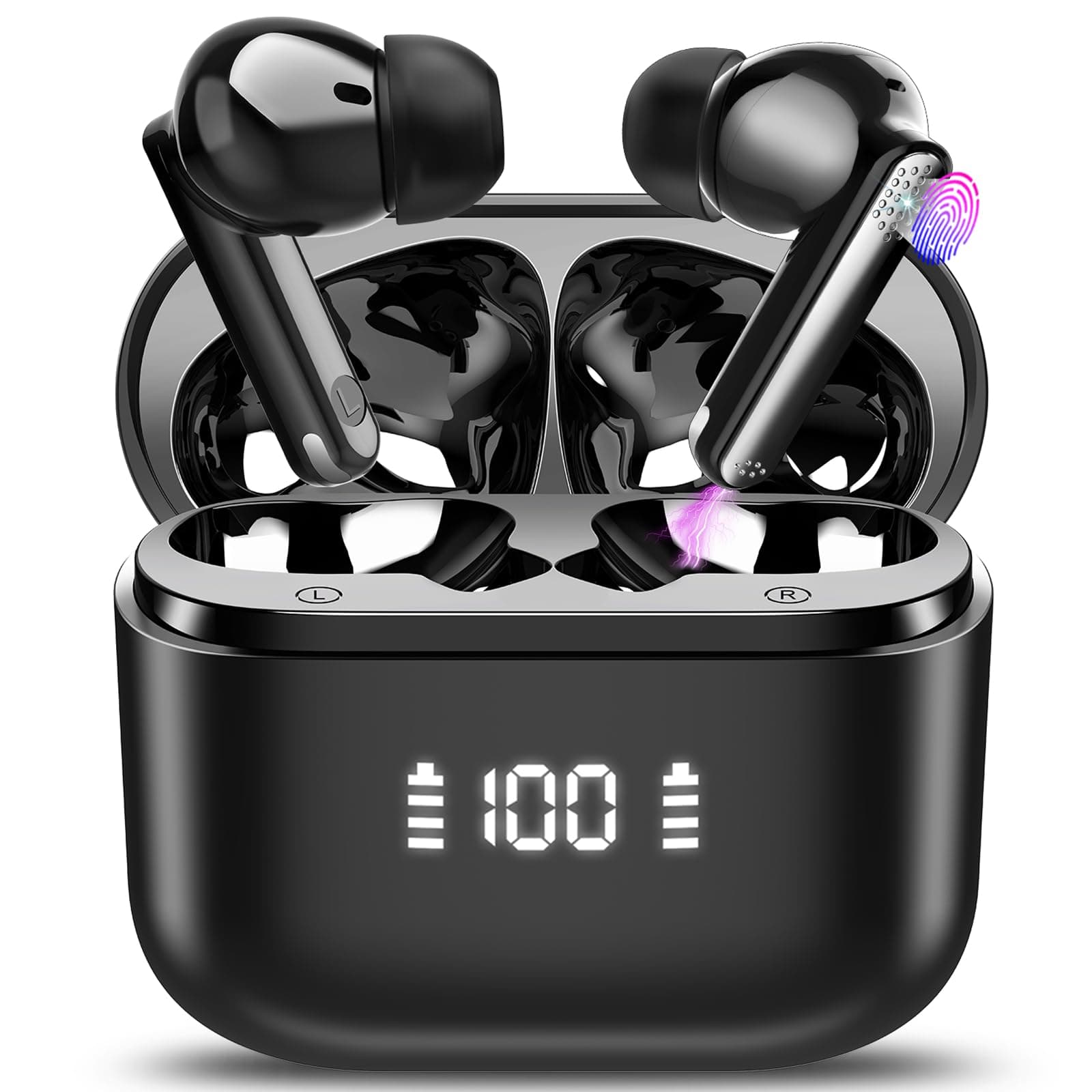 Wireless Earbuds Bluetooth 5.3 Headphones 48H Playback Deep Bass Stereo Ear Buds with HD Mic LED Display in Ear Earphones IP7 Waterproof Earbuds for Laptop Pad Android/iOS Phones Sports Workout Black