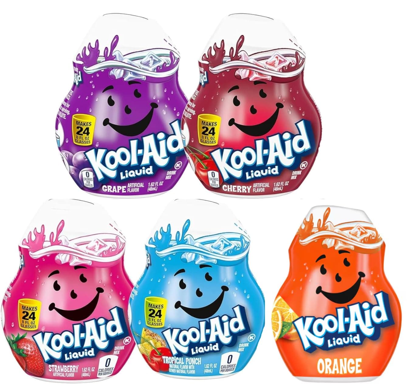Cool Aid Liquid Water Enhancers - Pack of 5 - One of Each Flavor - Grape, Cherry, Strawberry, Tropical Punch, and Orange - Smiling Sweets - Delicious Drinks Anywhere and Anytime