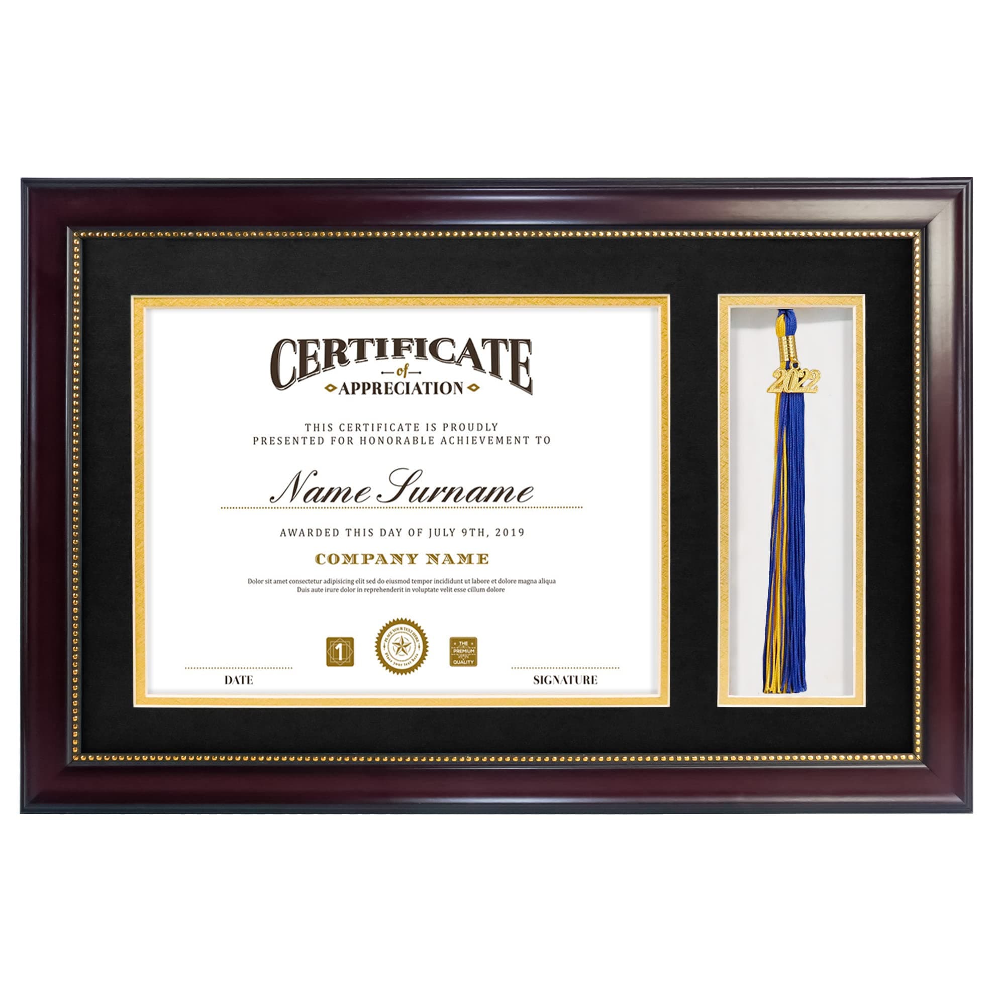 GraduatePro 11x17 Diploma Frame with Tassel Holder for 8.5x11 Certificate Graduation Gifts, Mahogany Gold Rim with Double Mat Black Over Gold, Real Glass