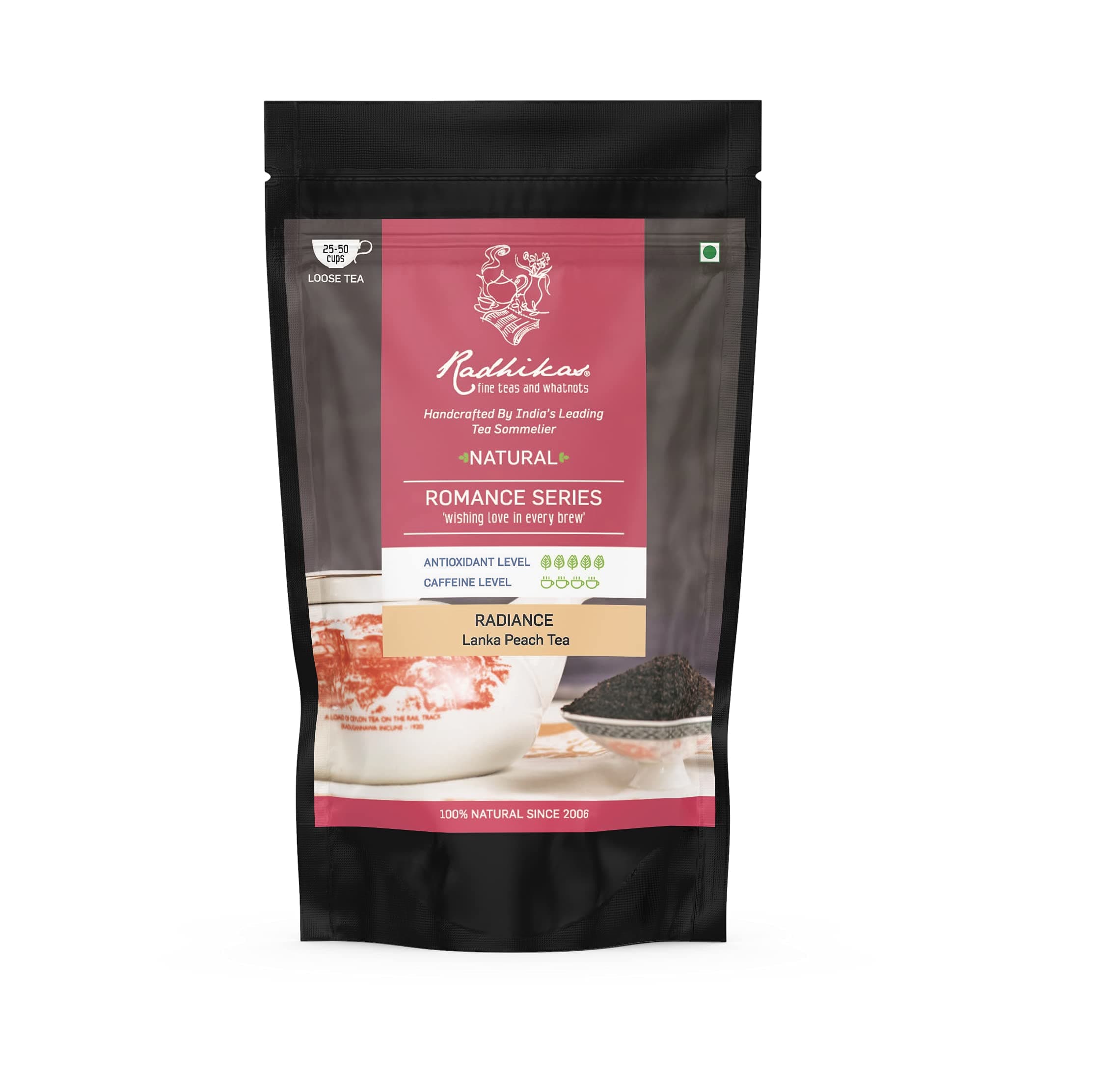 Radhikas Fine Teas and Whatnots RADIANCE Lanka Peach Peach Black Tea Vacuum Pack, 50 gm - Makes 25 Cups of Tea