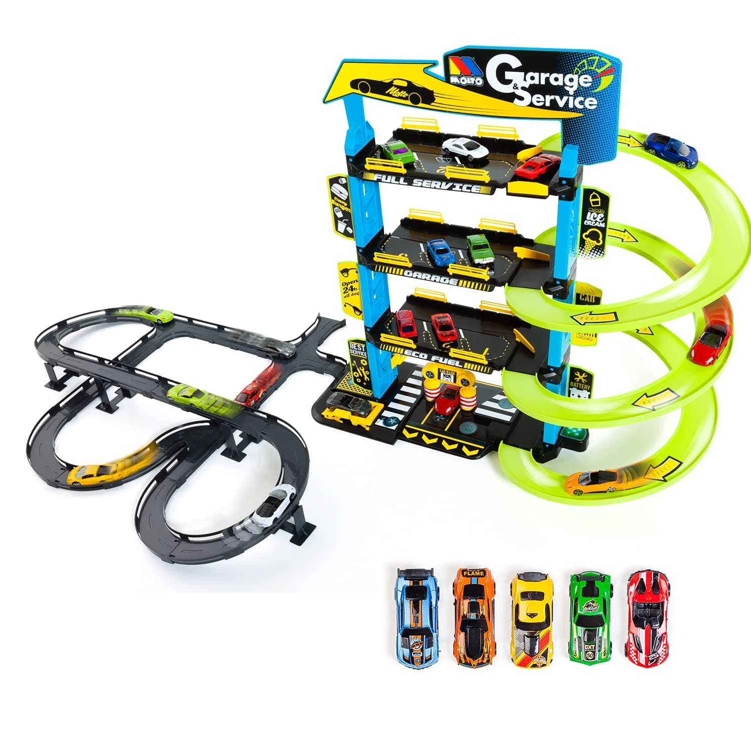 MOLTO | 4 Floors Children's Parking with Garage, Ramps, Utility Room, Elevator and Gas Station | Includes 5 Toy Cars and Outdoor Track | Educational Toys for Boys and Girls | + 3 Years