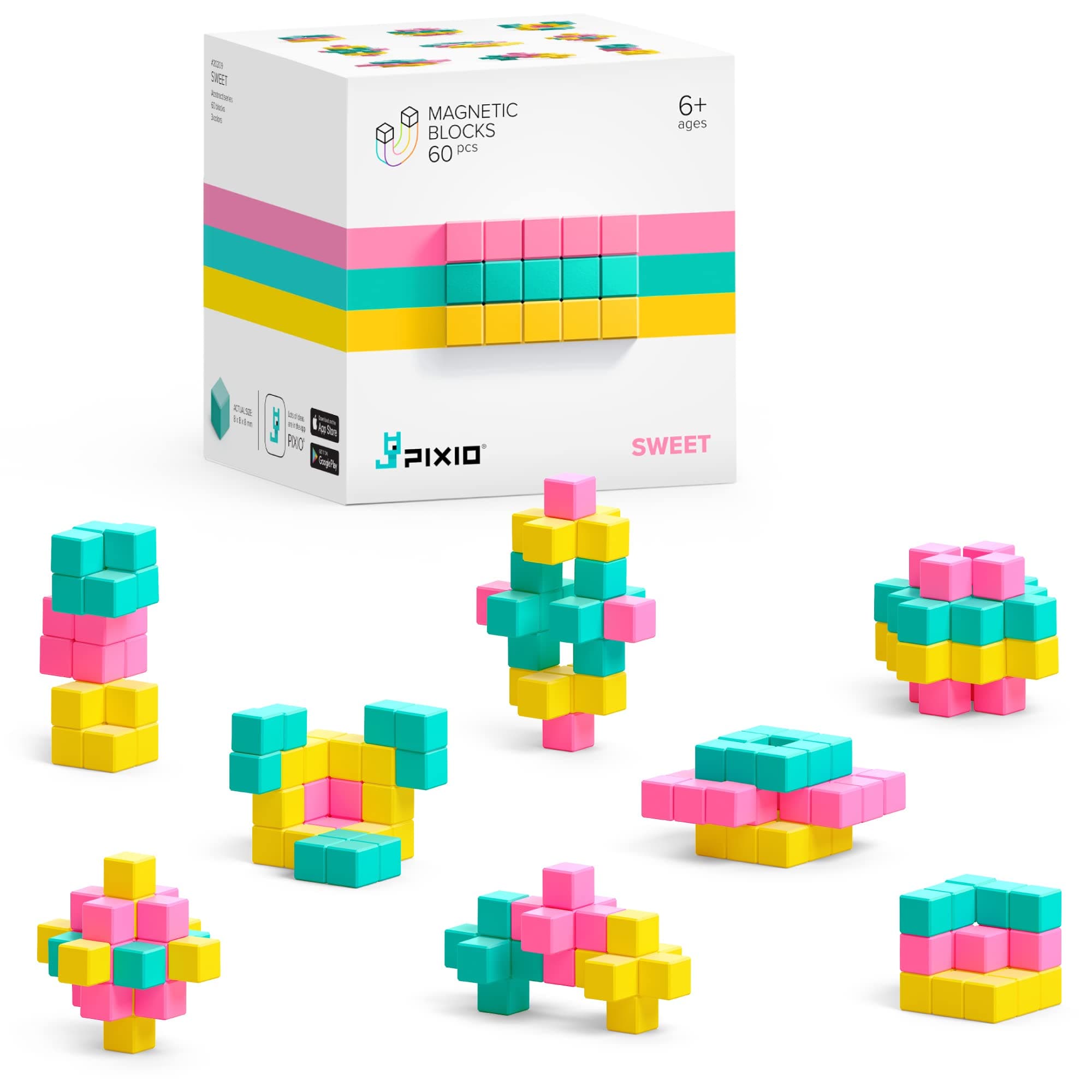 Sweet - Tiny Magnetic Blocks Building Toy in The Pixel Art Style with Free App - 5/16" Plastic Cubes with 6 Magnets Inside - Open Ended Toy - Creativity Kit for Ages 6+ - 60pcs