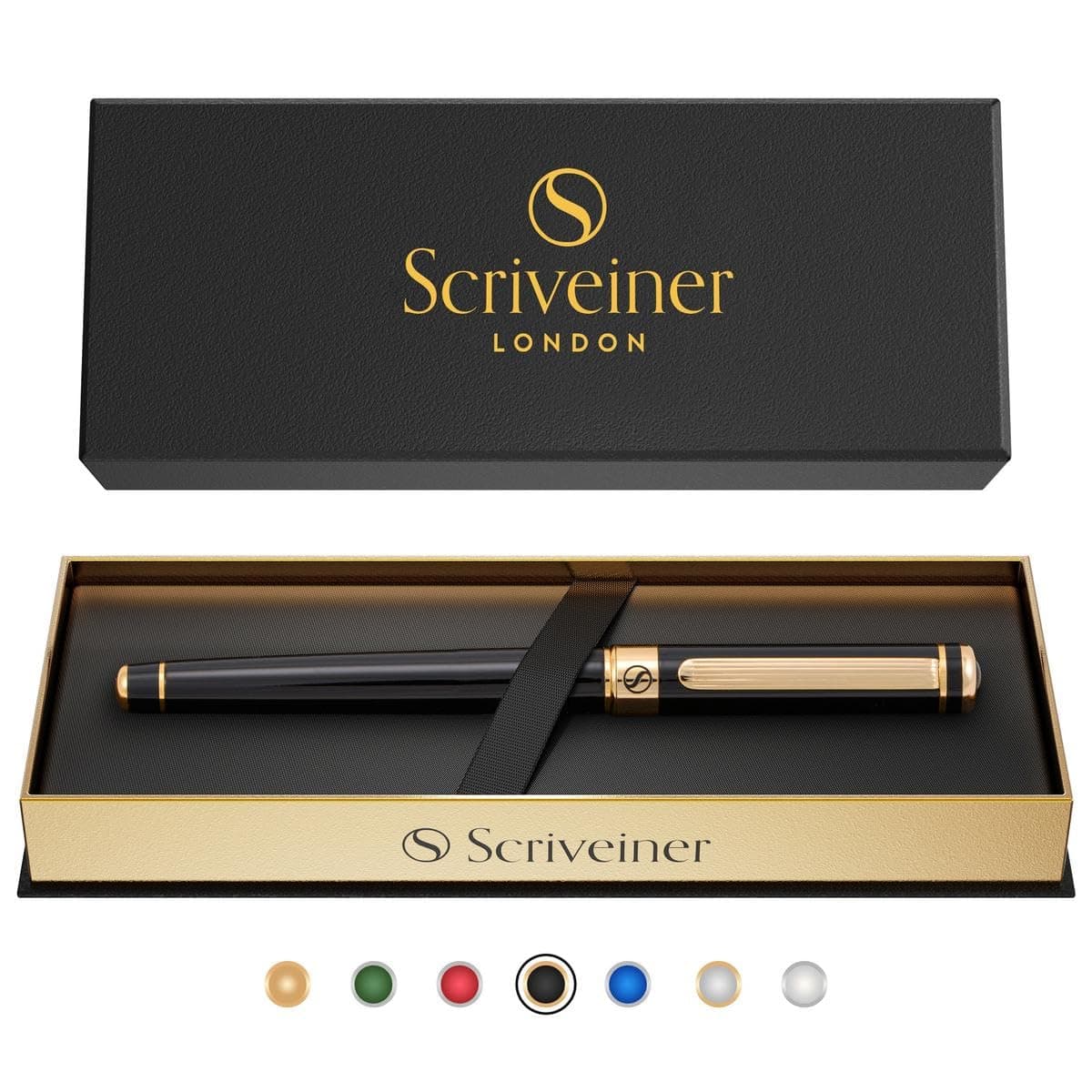 Scriveiner Black Lacquer Rollerball Pen, Premium 24k Gold Finish, Schmidt Ink with Refill, Great Gift Set