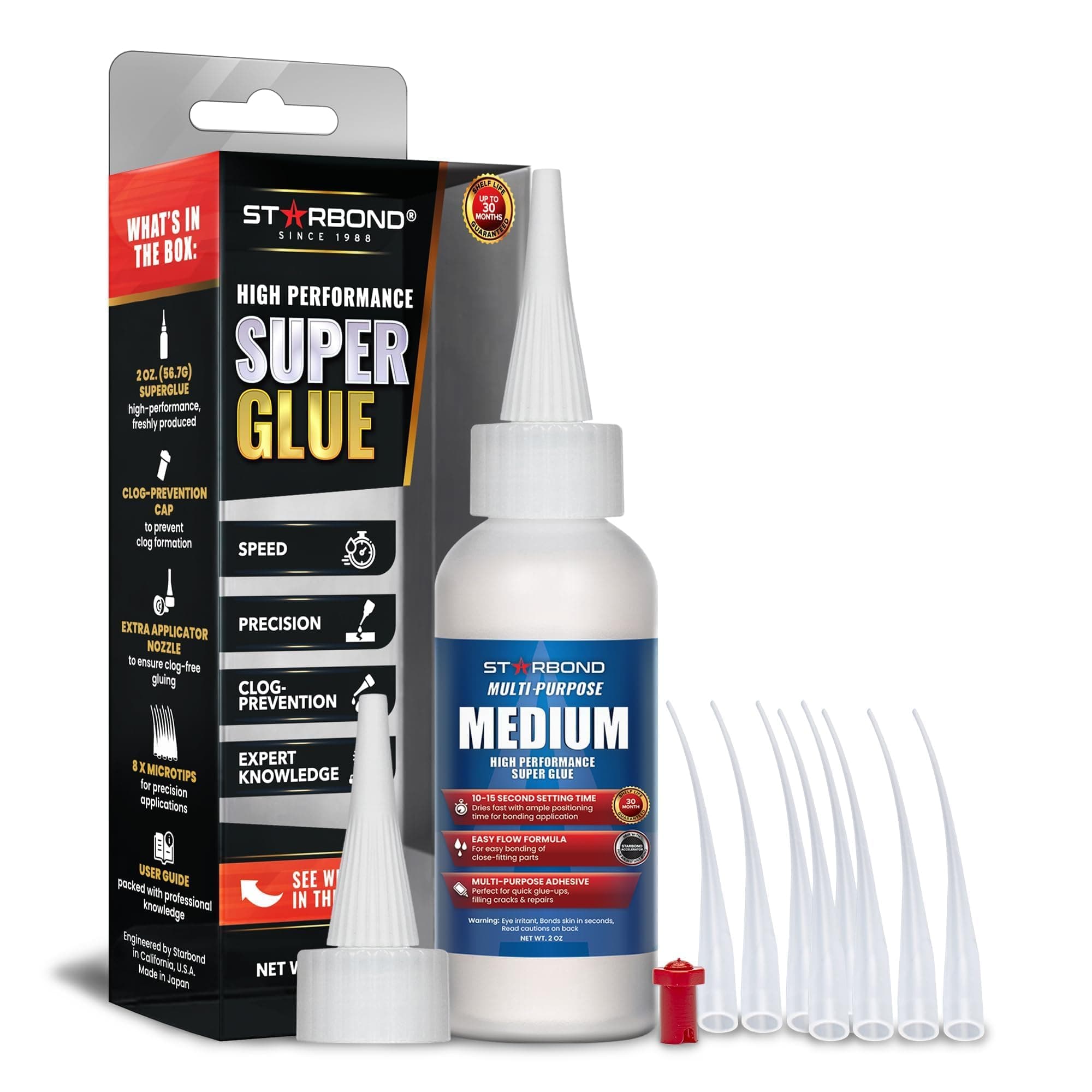 Starbond Medium Super Glue Pro Kit (2 oz) – Strong, Fast, All-Purpose CA Glue (Cyanoacrylate Adhesive) – with Anti-Clog Cap, Precision Tips & Extra Nozzles for Woodworking, Quick Fixes & Hobby Models