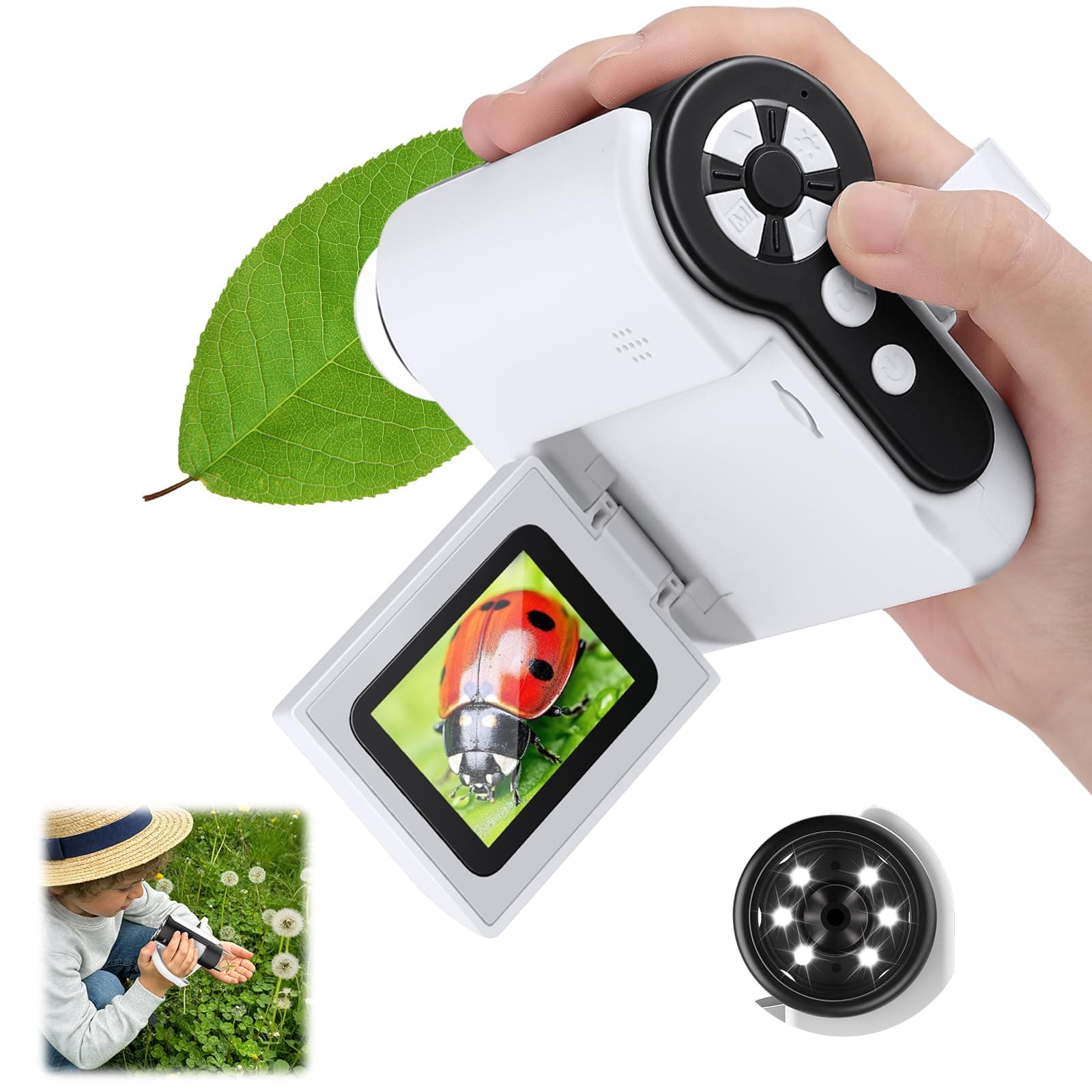 1000X Microscope for Kids 8-12, 4K HD Screen with 6 LED Lights, Portable Microscope for Outdoor STEM Learning, Rechargeable Science Kit, Birthday Easter Gifts for Kids