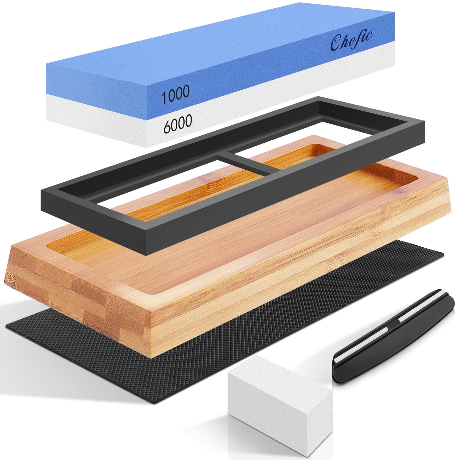 Knife Sharpening Stone Whetstone,Premium 2-Sided Whetstone Sharpener 1000/6000 Grit Waterstones Kit, Knife Sharpener Stone with Non-Slip Bamboo Base, Angle Guide and Flattening Stone