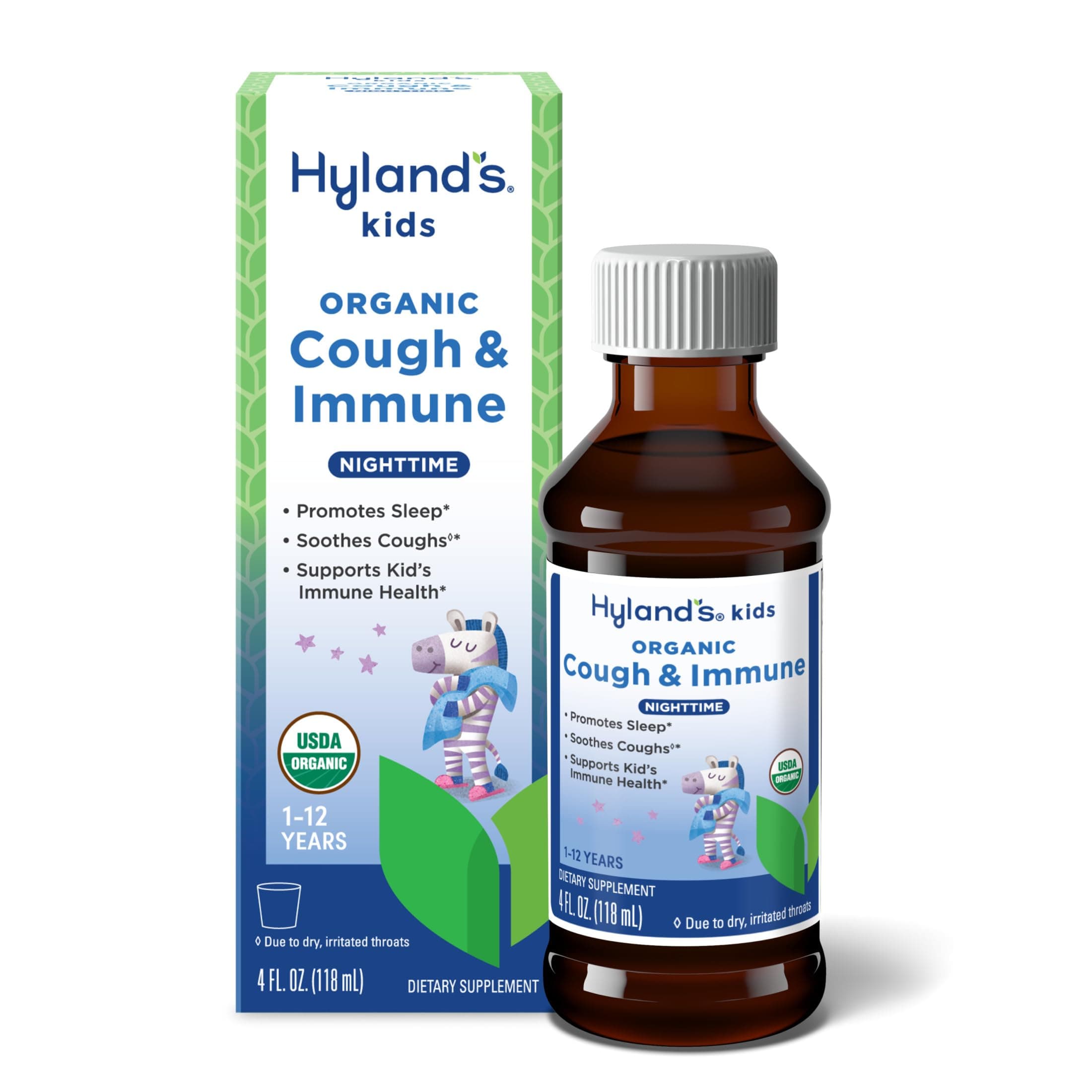 Hyland's Kids Nighttime Organic Cough Syrup and Immune Support with Agave, Elderberry and Pomegranate, Soothes Cough, and Supports Immunity, 4 Fl. Oz.