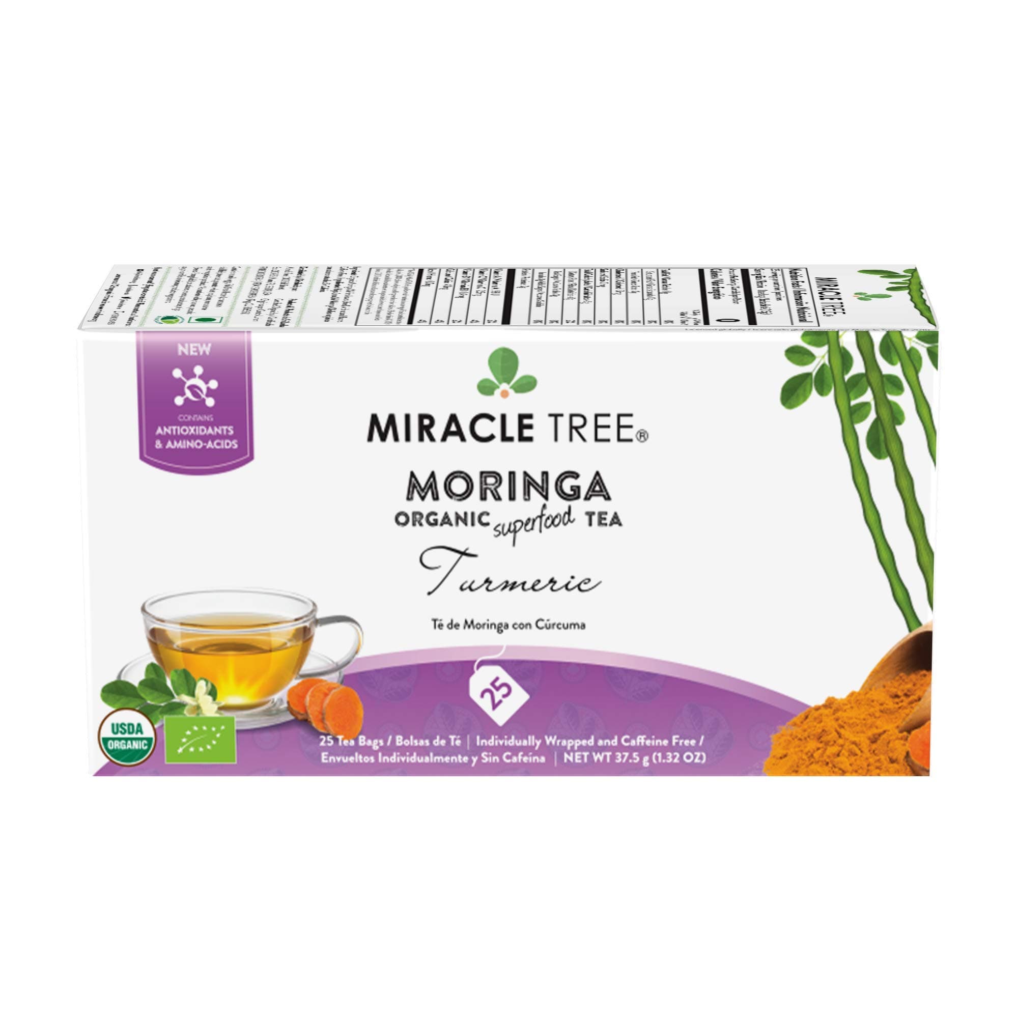 Miracle Tree Organic Moringa Superfood Tea, 25 Individually Sealed Tea Bags, Tumeric 1 Box