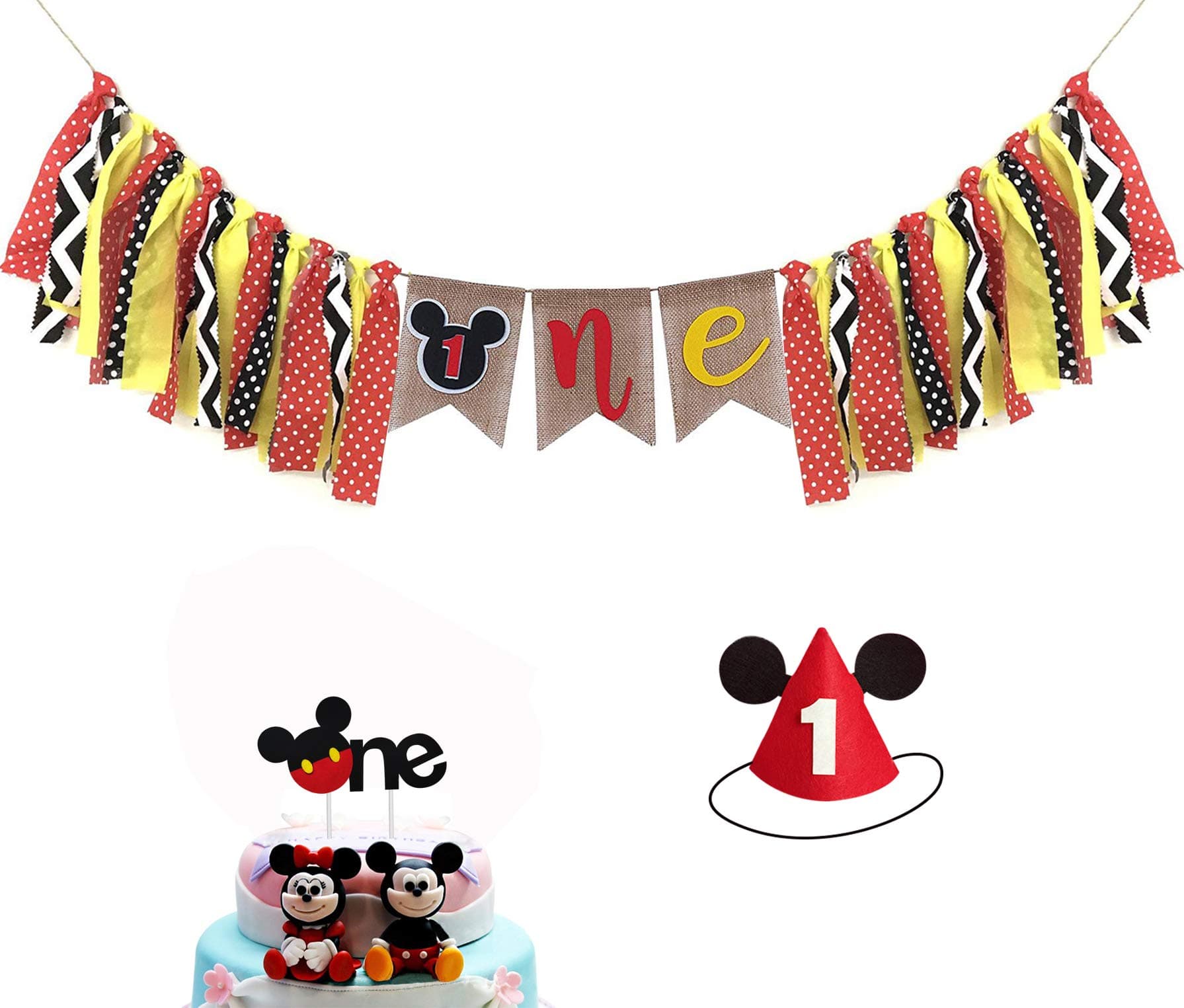 Lonar Mickey Mouse Kids First Birthday Decorations Kit, Mickey Mouse 1st Birthday Banner, Hat, Cake Topper, Multicolor (Red, Black, Yellow)