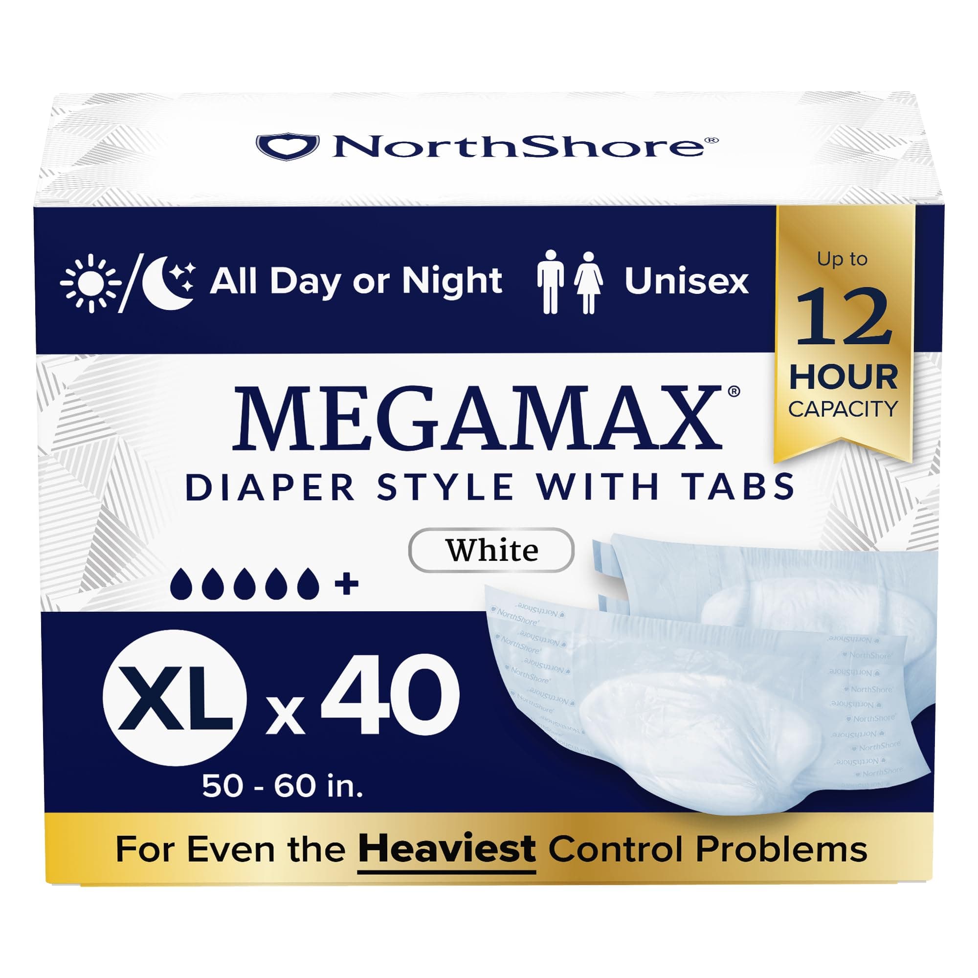 NorthShore MegaMax 12-Hour HBL Adult Diapers for Heavy Bladder Leaks, X-Large, 40 Count, White, 50-60 inches, Tab-Style Incontinence Underwear for Men, Women & Teens