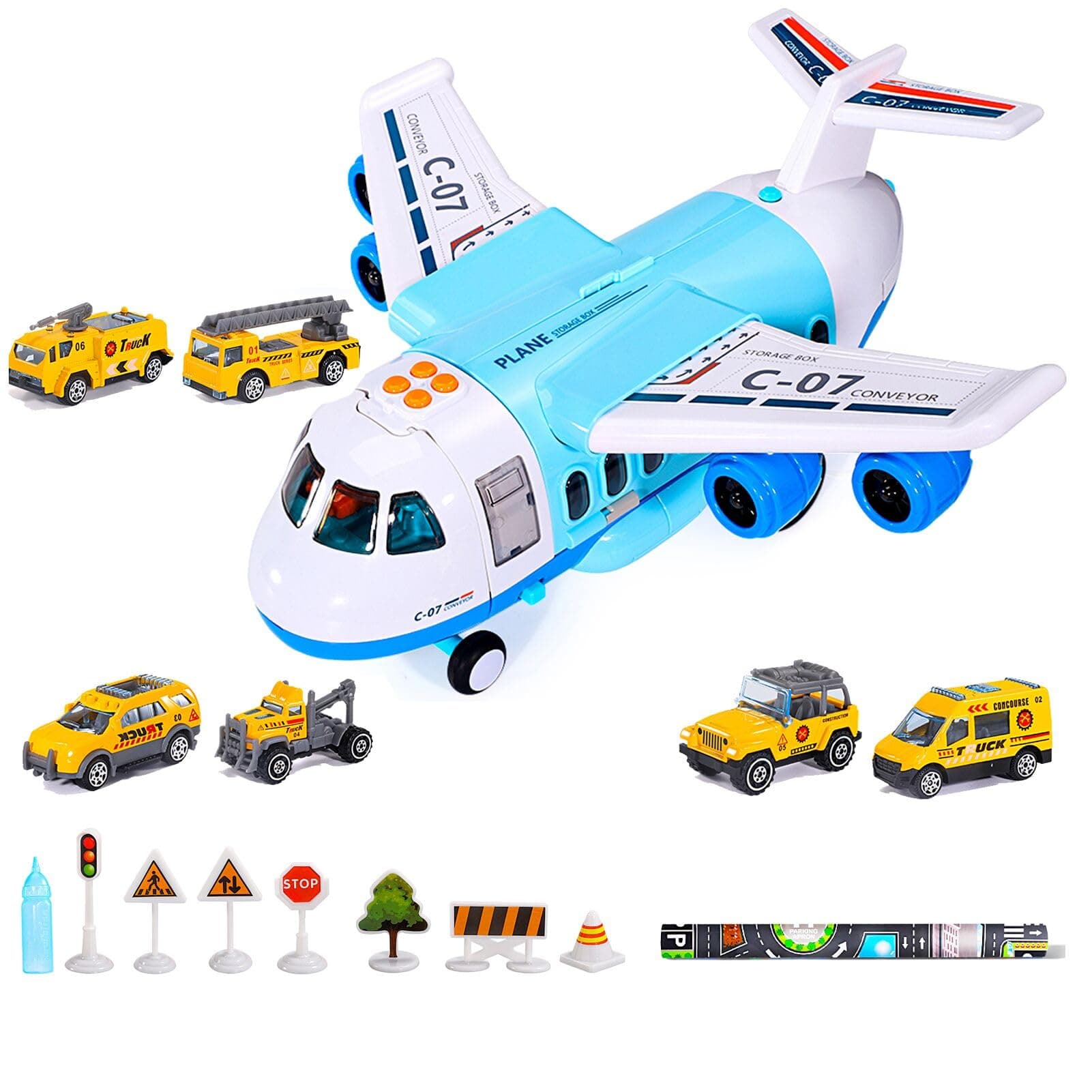 Bennol Spray Airplane Toys for Boys, Large Transport Cargo Airplane with 6 Construction Vehicle 10 Road Signs 1 Play Mat with Lights Sounds, Christmas Birthday Gifts for 3 4 5 6 7 8 Year Olds Boys