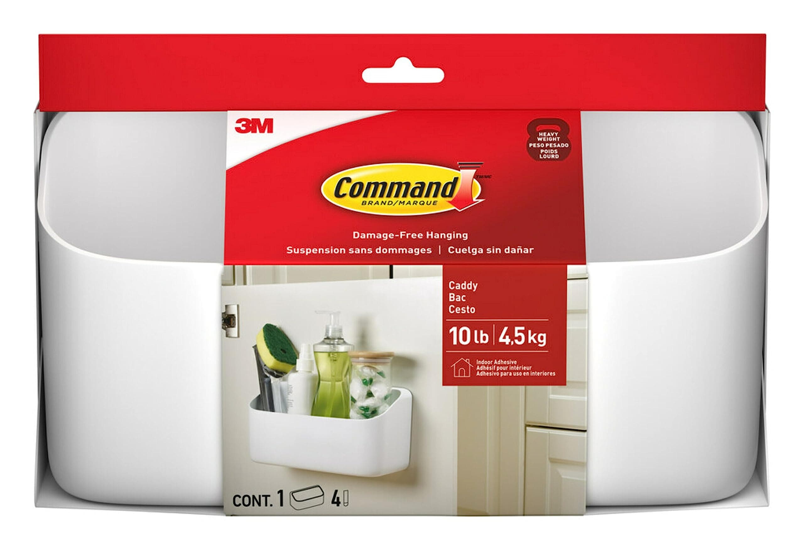 Command 10 Lb Large Organizing Caddy with 4 Strips, 9.91" x 3.38" x 5.15", Heavyweight Damage-Free Hanging for Organizing Cleaning Supplies, Closet, and Pantry, White