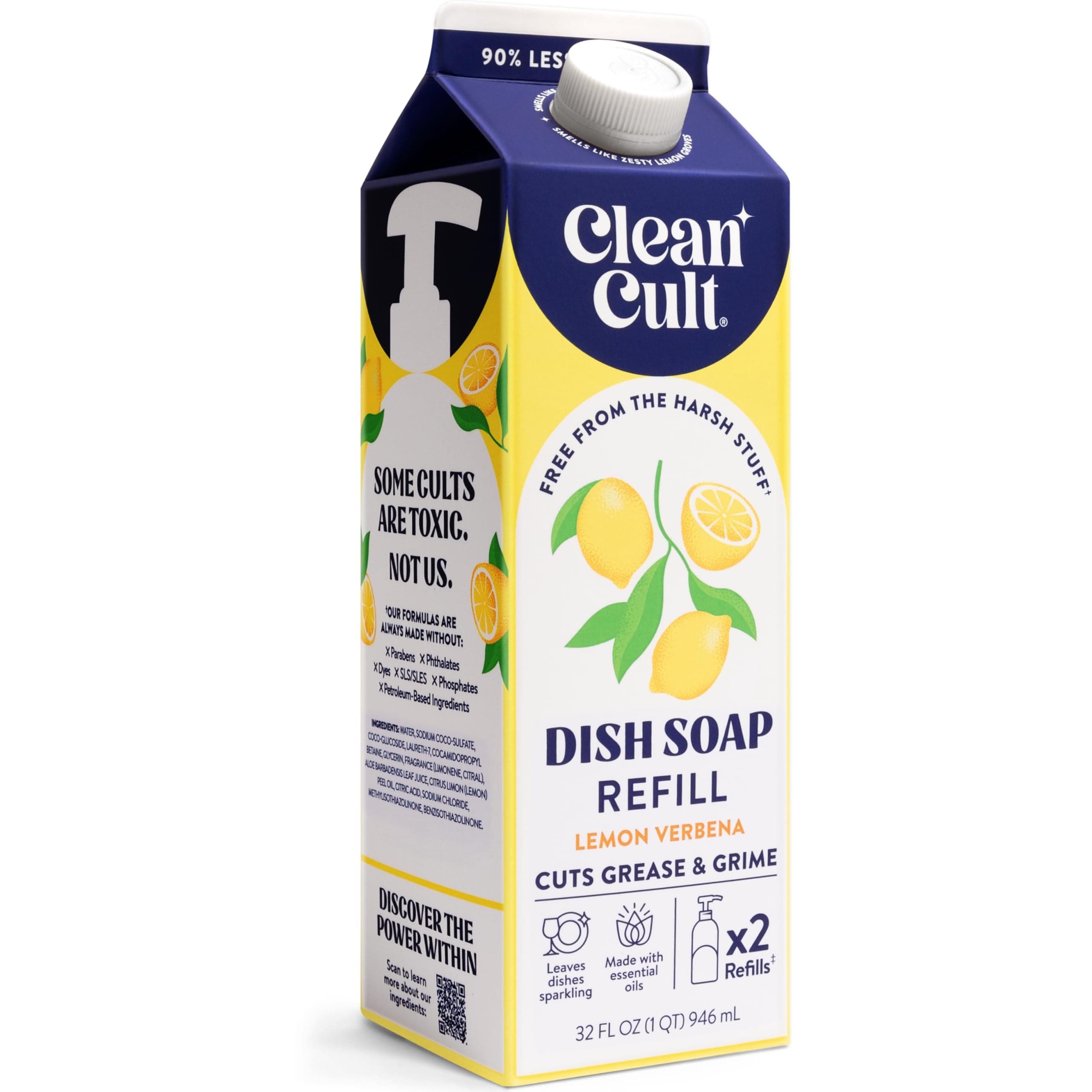 Dish Soap Liquid Refills (32oz, 1 Pack) - Dish Soap that Cuts Grease & Grime - Free of Harsh Chemicals - Paper Based Eco Refill, Uses 90% Less Plastic - Lemon Verbena