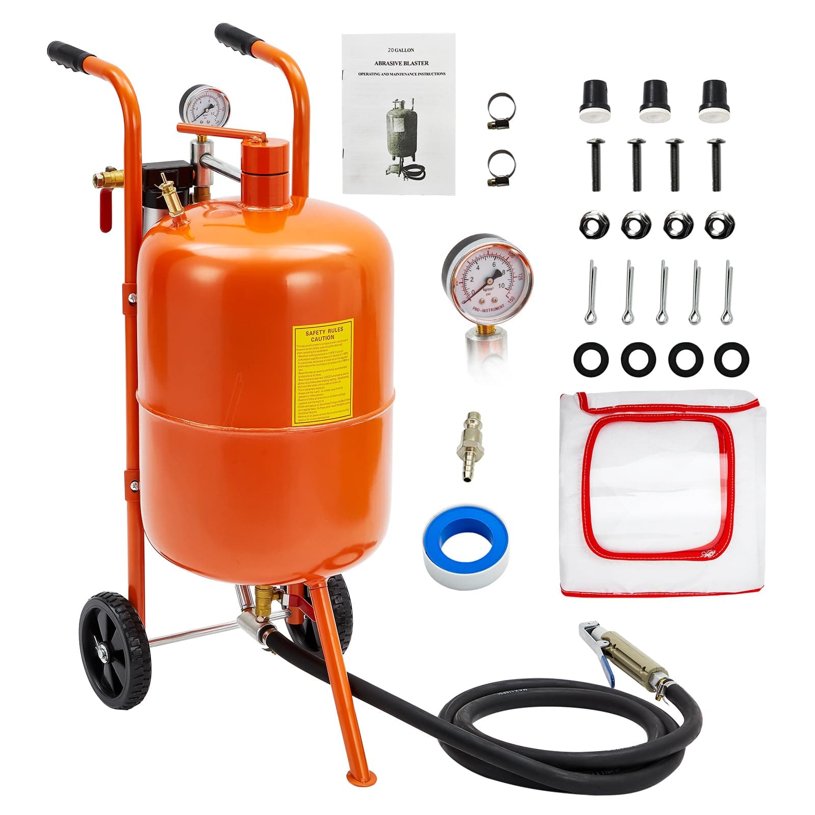 20 Gallon Sandblast Machine 60-110 Psi Pressure Air Sandblast Kit with 4 Ceramic Nozzles & Oil Water Separator Portable Polishing Blaster for Stain Removal Paint, Orange
