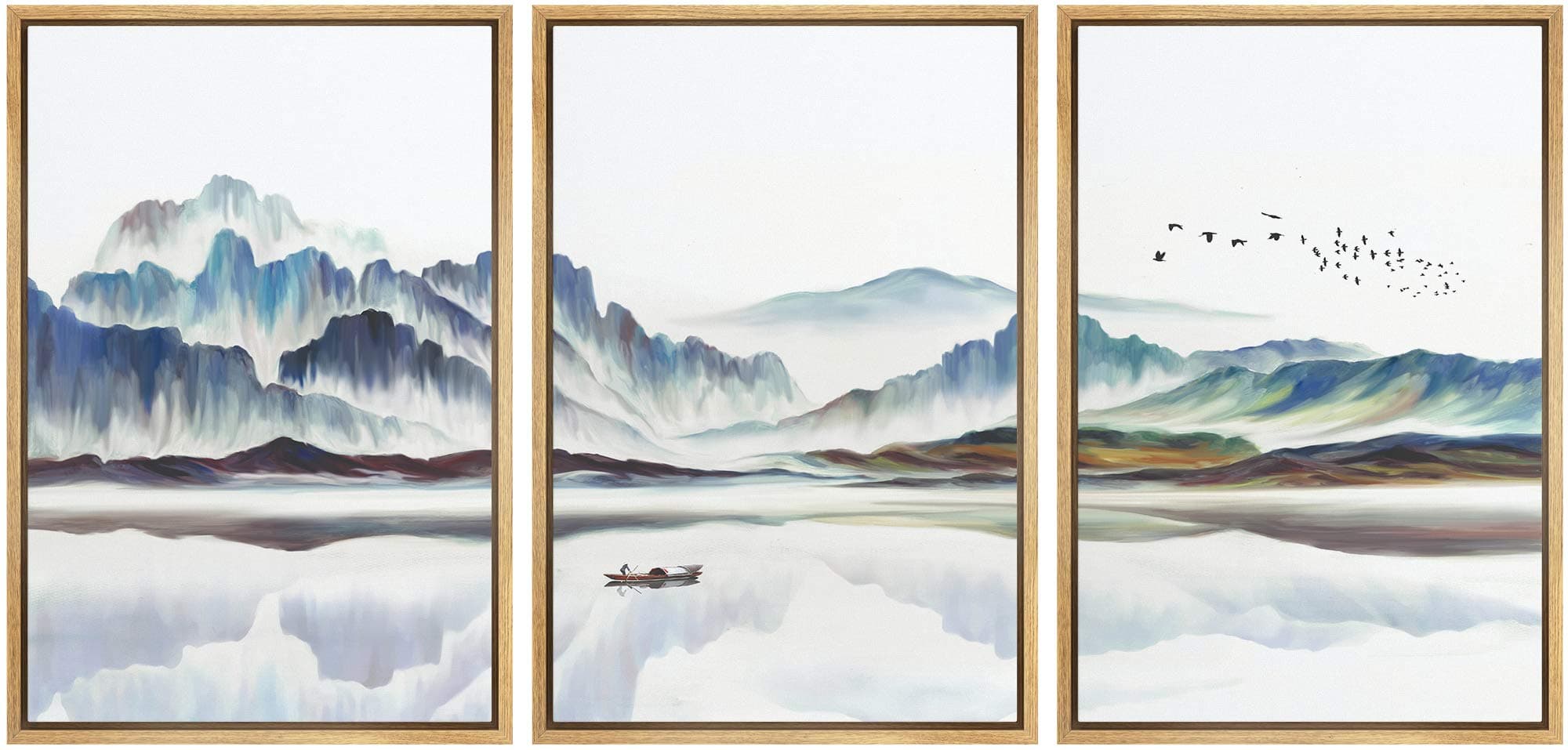 Framed Wall Art Print Set Watercolor Mountain Landscape with Boat Nature Wilderness Illustrations Modern Art Rustic Colorful Pastel for Living Room, Bedroom, Office - 16"x24"x3 Natural