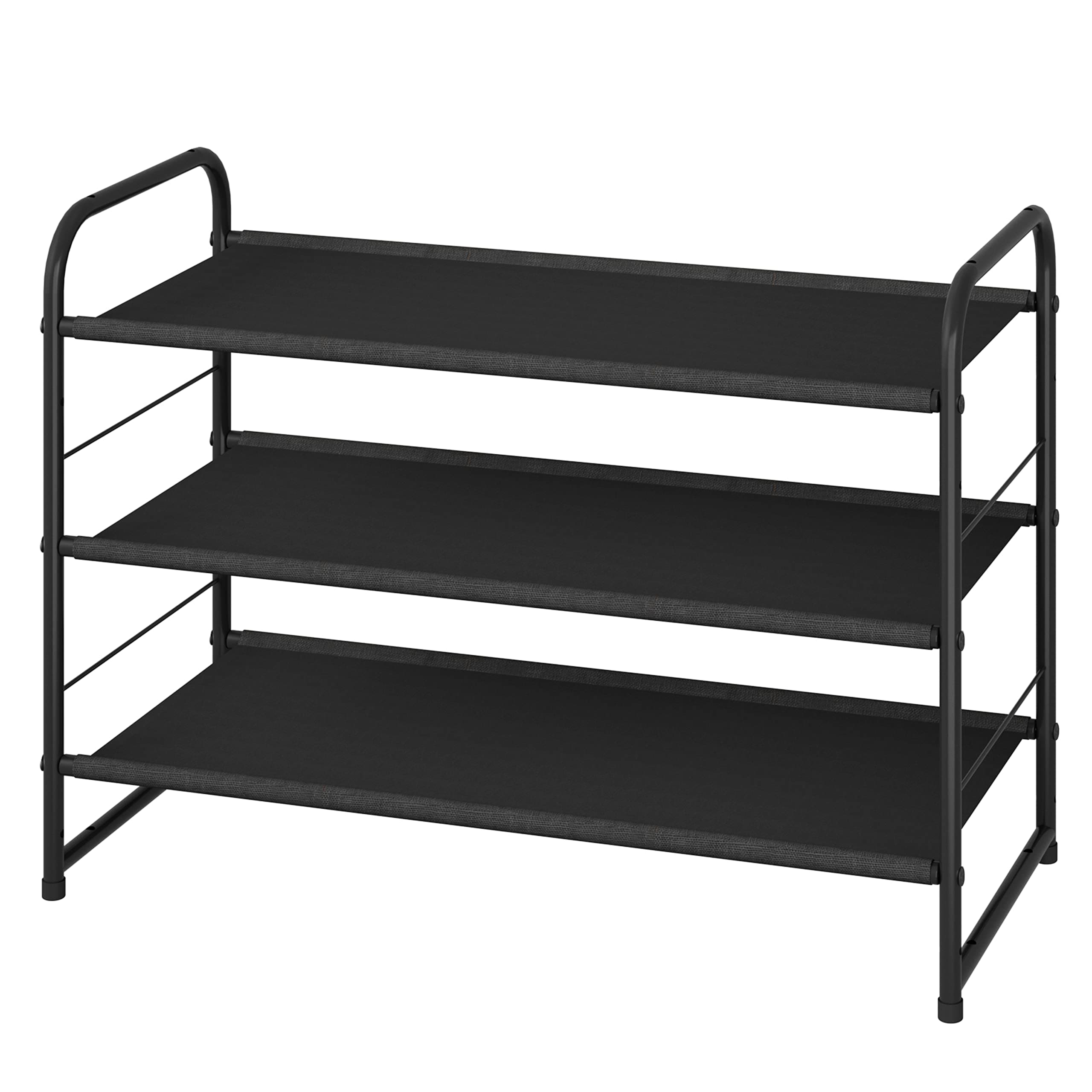 3 Tier Stackable Shoe Rack, Expandable Adjustable Fabric Shoe Shelf Storage Organizer, Black