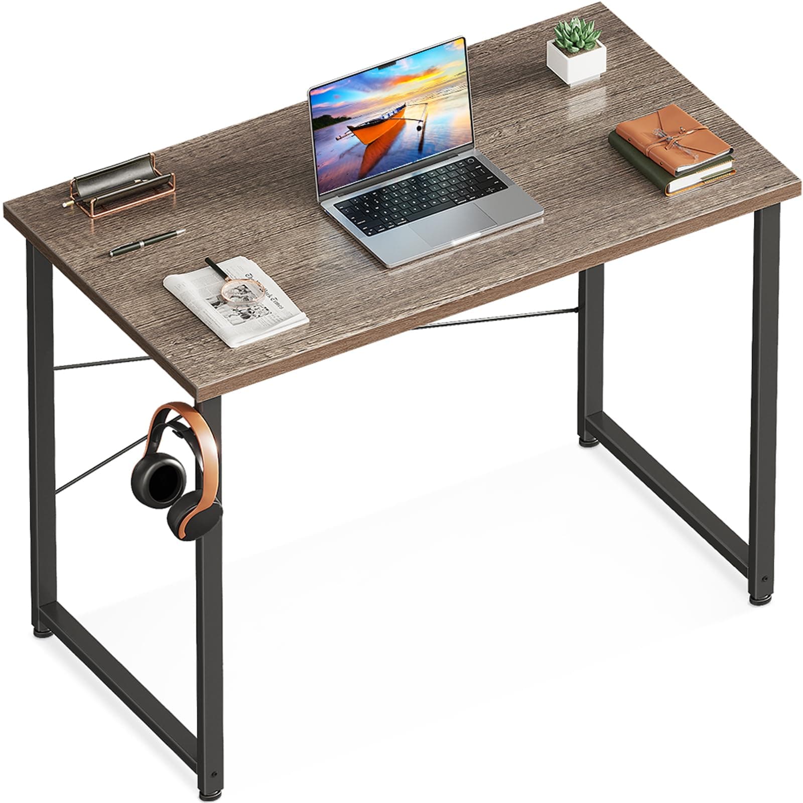 Casaottima 32 Inch Small Computer Desk for Home Office, Study Writing Table for Small Spaces, Simple Modern Desk with Headphone Hooks, Grey Oak