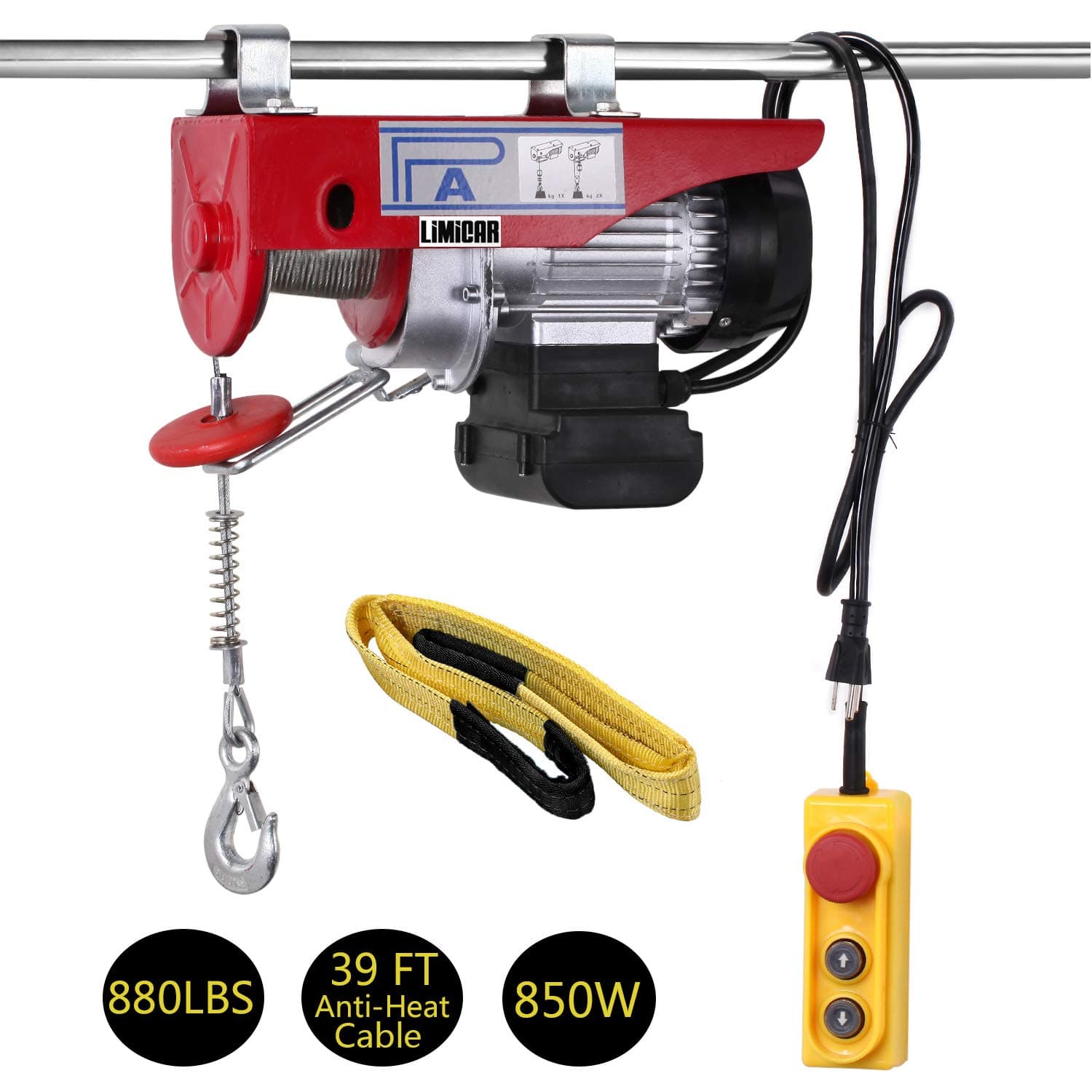 LIMICAR Electric Hoist 880LBS Overhead Lift Electric Hoist Crane Garage Ceiling Pulley Winch Remote Control Power System with Premium Straps 6.6'x3" Lift Sling