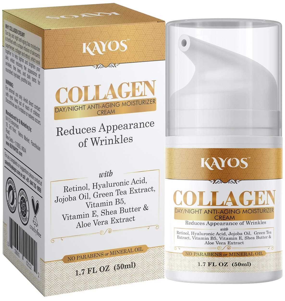 Kayos Collagen Anti Aging Moisturizer, 50ml Day and Night Cream with Retinol, Hyaluronic Acid, Aloe Vera & Green Tea Extracts, Vitamin B5, Vitamin E Collagen Cream