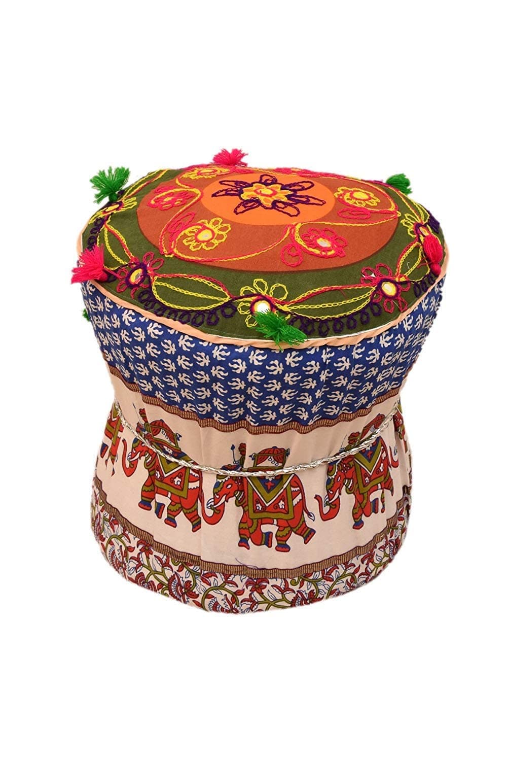 Bamboo Rajasthani Handmade Patchwork Cotton Mudda/Ottoman/Stool/Pouffe Multicolour (Mix Print, Multi-Coloured)