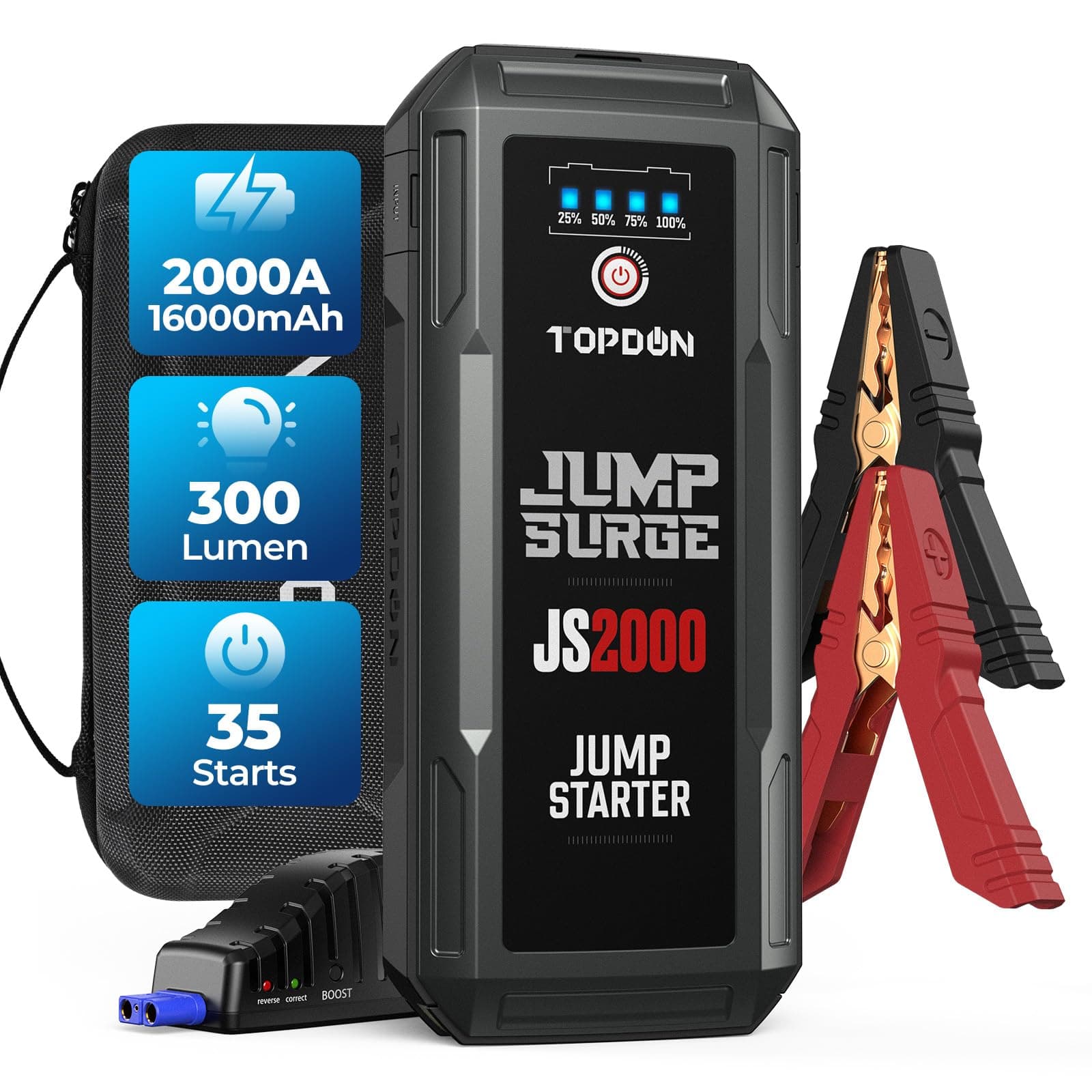 TOPDONJS2000 Car Jump Starter, 2000Amp/16000mAh Portable Car Starter for 8L Gas and 6L Diesel Engines, 12V Lithium Car Battery Booster Pack with Jumper Cables/USB Quick Charge/built-in LED Flashlight