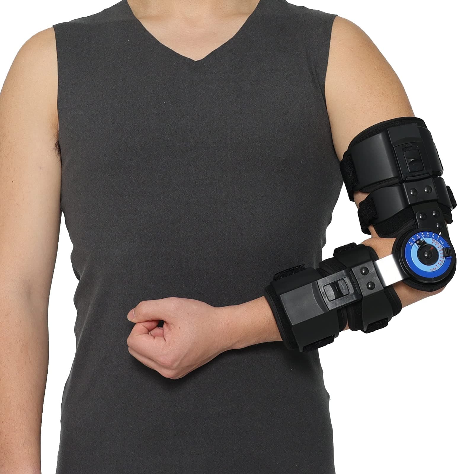 Orthomen Hinged ROM Elbow Brace, Adjustable Post OP Elbow Brace Stabilizer Splint Arm Injury Recovery Support After Surgery (L)