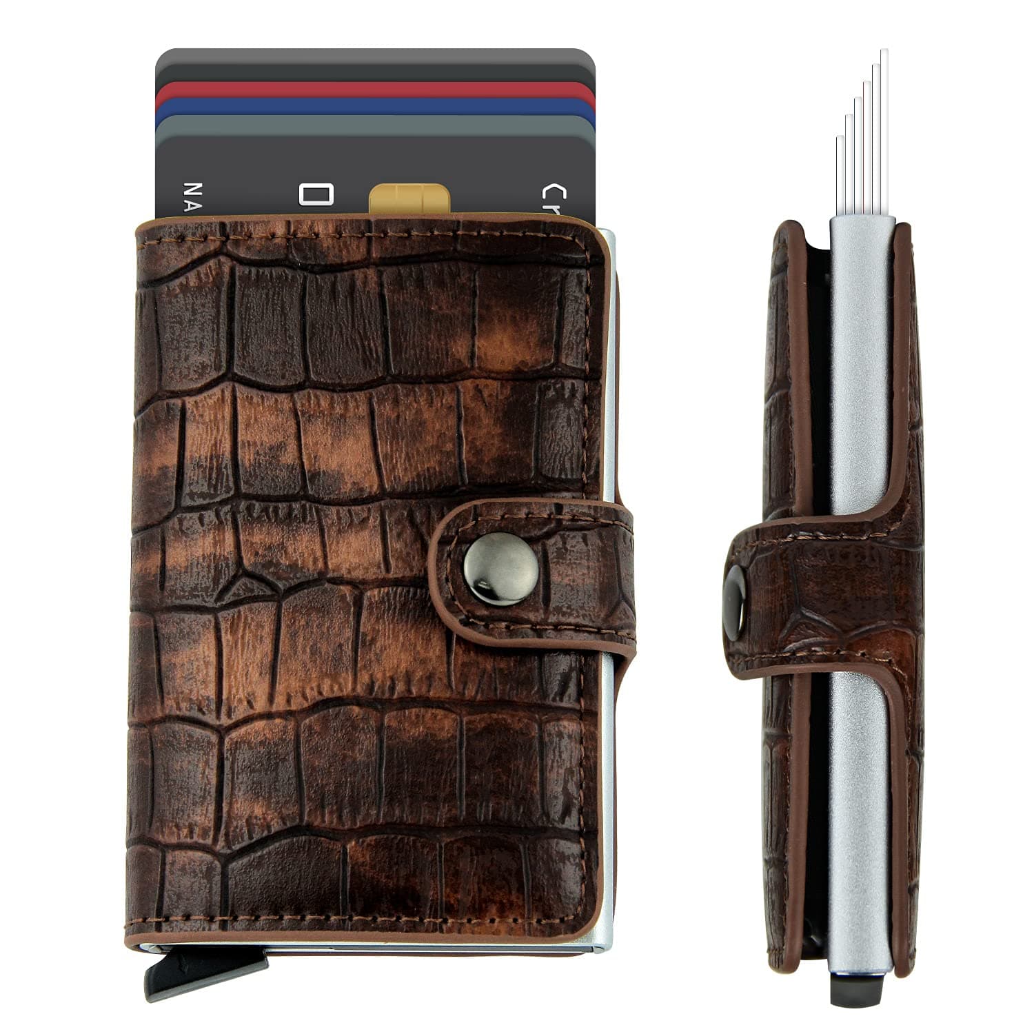 Credit Card Holder RFID Blocking Genuine Leather Vintage Aluminum Business Wallet (B-Coffee)