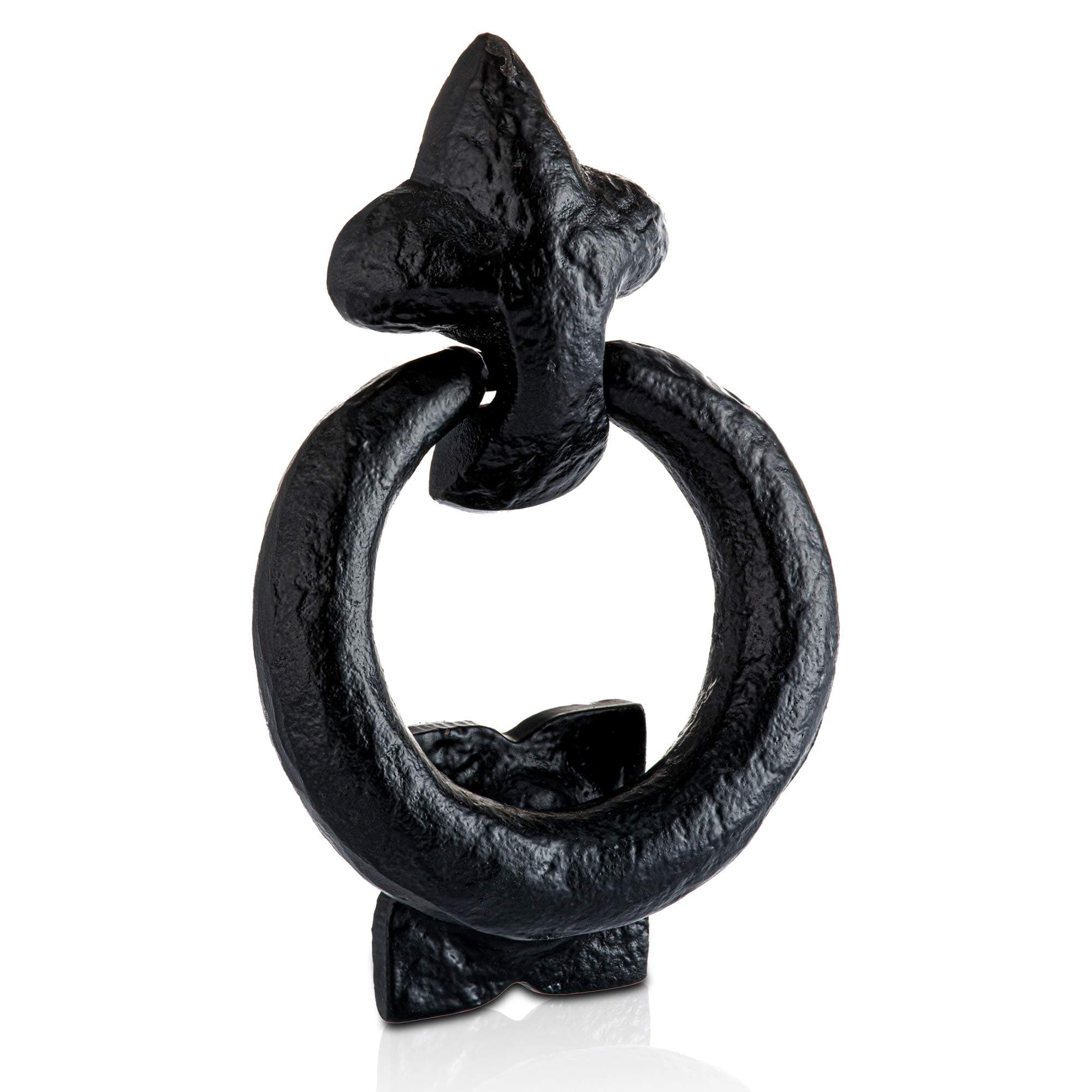 XFORT Fleur De LYS Black Antique Ring Door Knocker - Traditional Rustic Cast Iron Ring Knocker for Front Door