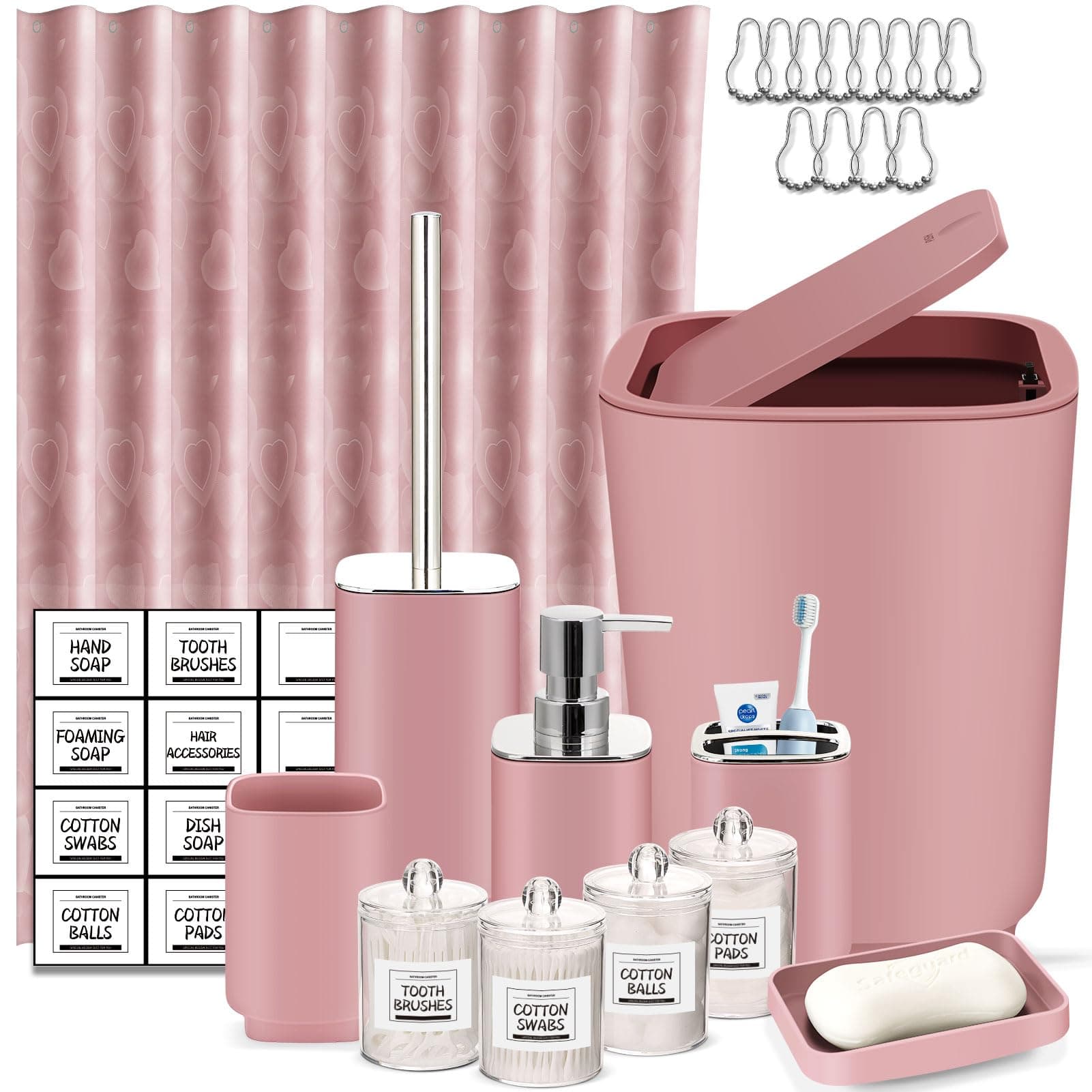IMAVO ピンクバスルームアクセサリーセット シャワーカーテン、23ピースバスルームセット、ゴミ箱、ソープディスペンサー、ソープディッシュ、歯ブラシホルダー、歯ブラシカップ、トイレブラシ、Qtipホルダー付き