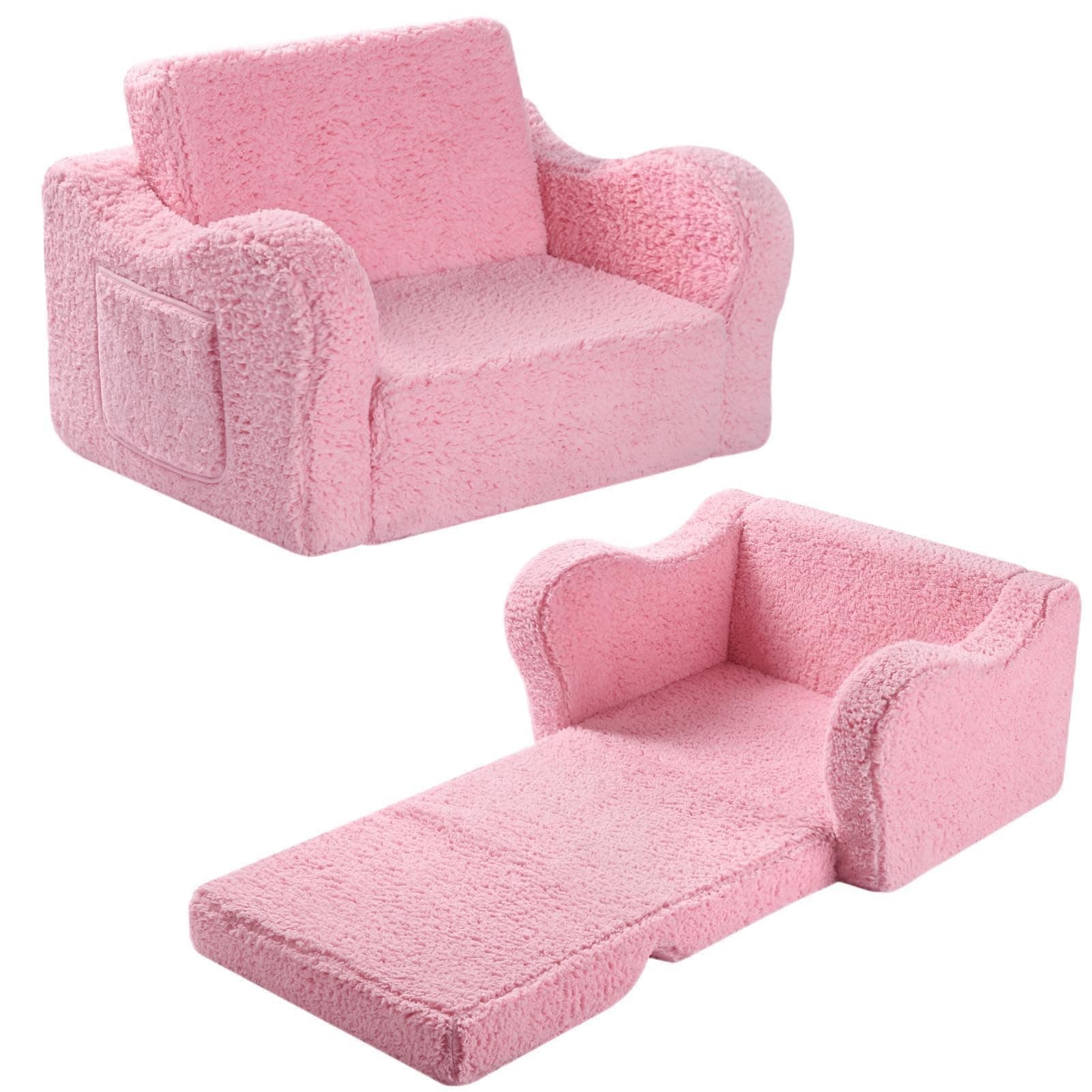 Kids Sofa, 2-in-1 Flip-Out Foam Couch with Soft Sherpa Cover, Cozy Play Lounge Chair, Pink