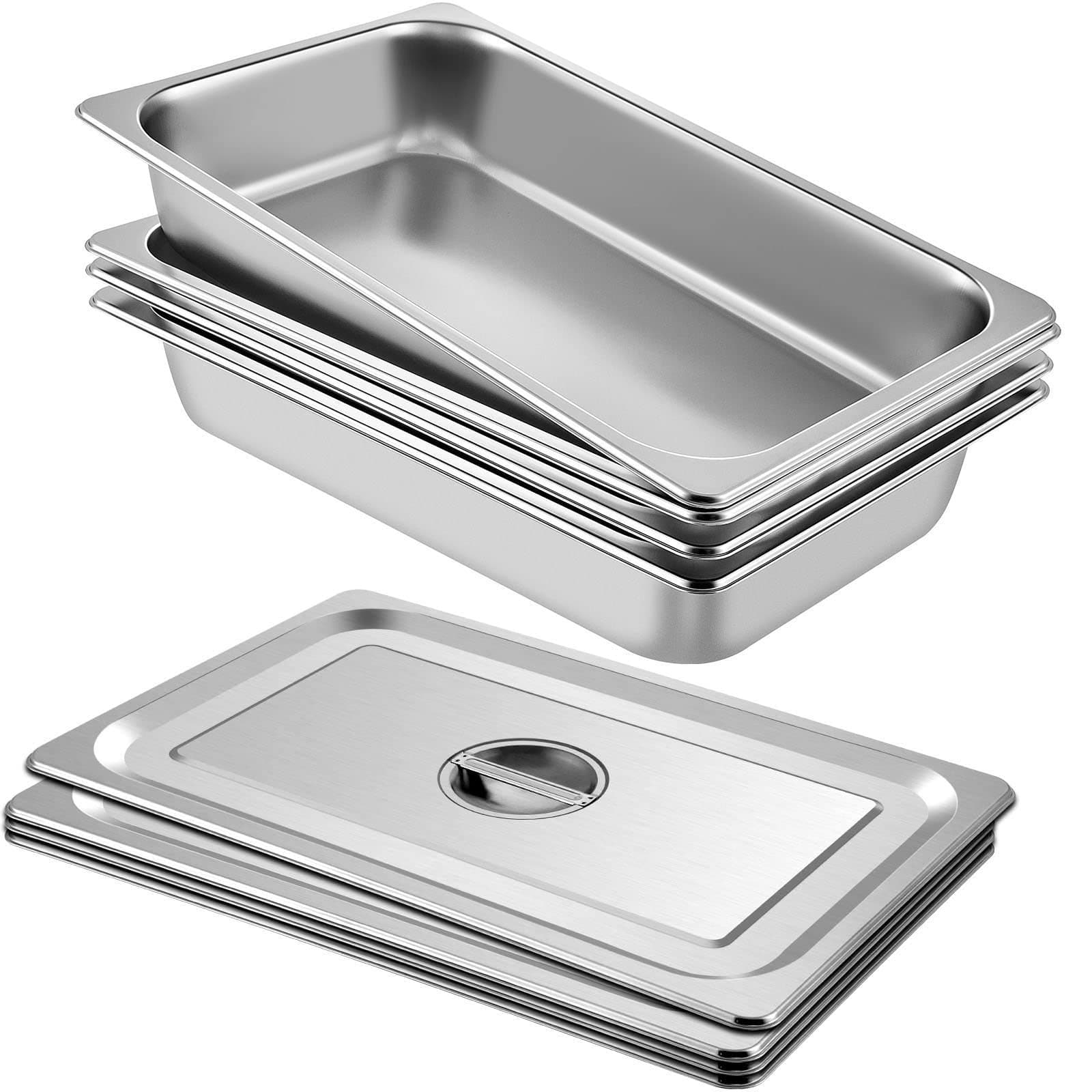VEVOR 4 Pack Stainless Steel Hotel Pans,Full Size 3.7 Inch Deep 0.8mm Thick Anti Jam Commercial Food Pans with lid,Catering Food Storage Metal Pan for Steam Tables, Restaurants,20.8 x 13 x 3.7 inch.
