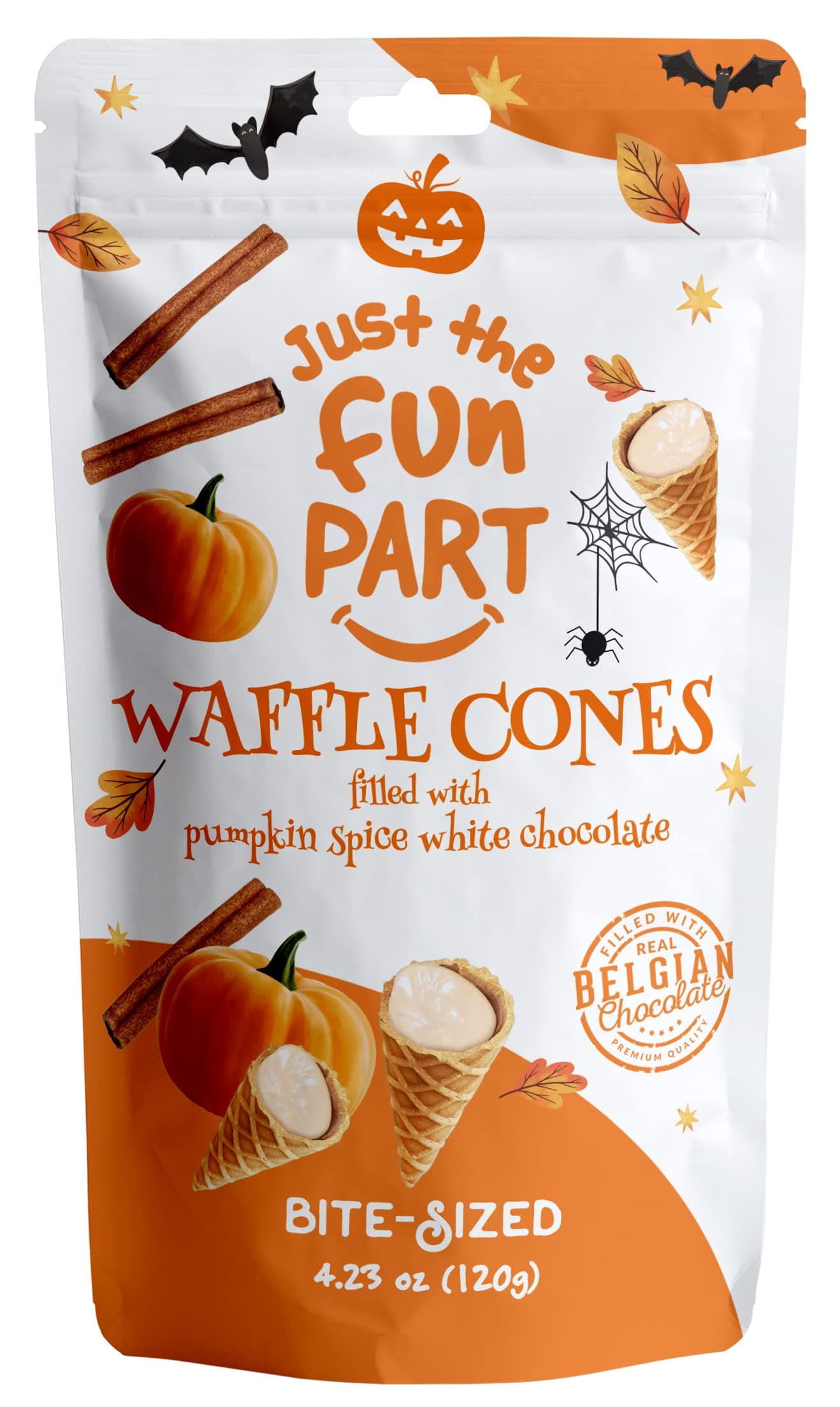 Just The Fun Part, Bite-Size Crispy Mini Waffle Cones, Filled with Premium Belgian Chocolate, Great for Snacks, Dessert, Grab & Go - Kosher, Pumpkin Spice and White Chocolate (Pack of 1)