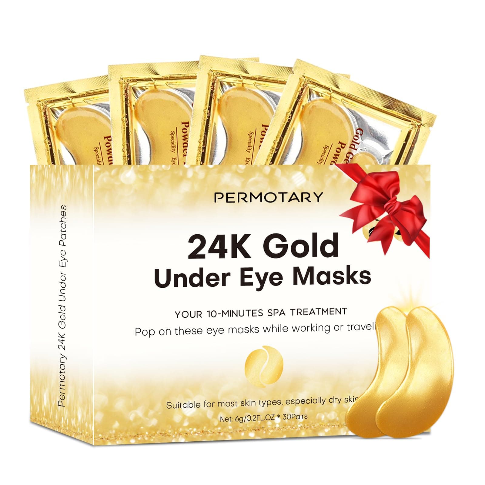 Permotary 30 Pairs Gel Crystal Collagen Under Eye Patches, 24K Gold Eye Mask for Moisturizing Skin, Lighten Dark Circles, Reduce Wrinkles & Puffiness,Bachelorette Party Gifts