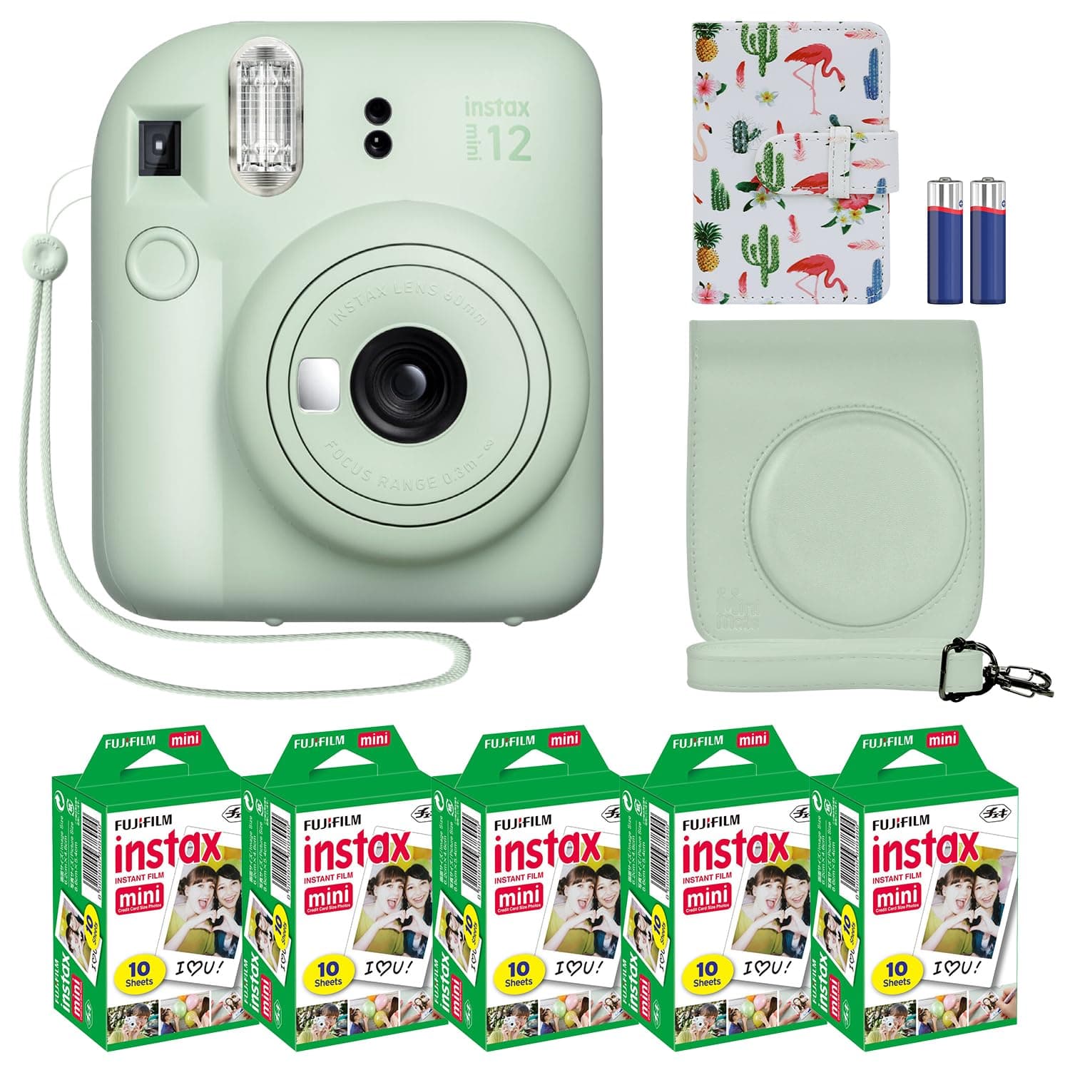 Instax Mini 12 Instant Camera + MiniMate Accessory Bundle & Compatible Custom Case + Fuji Instax Film Value Pack (50 Sheets) Flamingo Designer Photo Album (Mint Green)