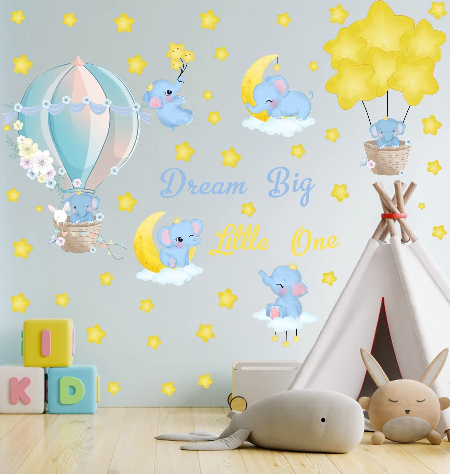 Baby Room Wall Decals Blue Elephant Wall Decals Nursery Decor Dream Big Little One Wall Sticker Stars Hot Air Balloon Wall Sticker Cloud Star Wall Decal for Kids Bedroom Boys Girls Room Playroom Decor