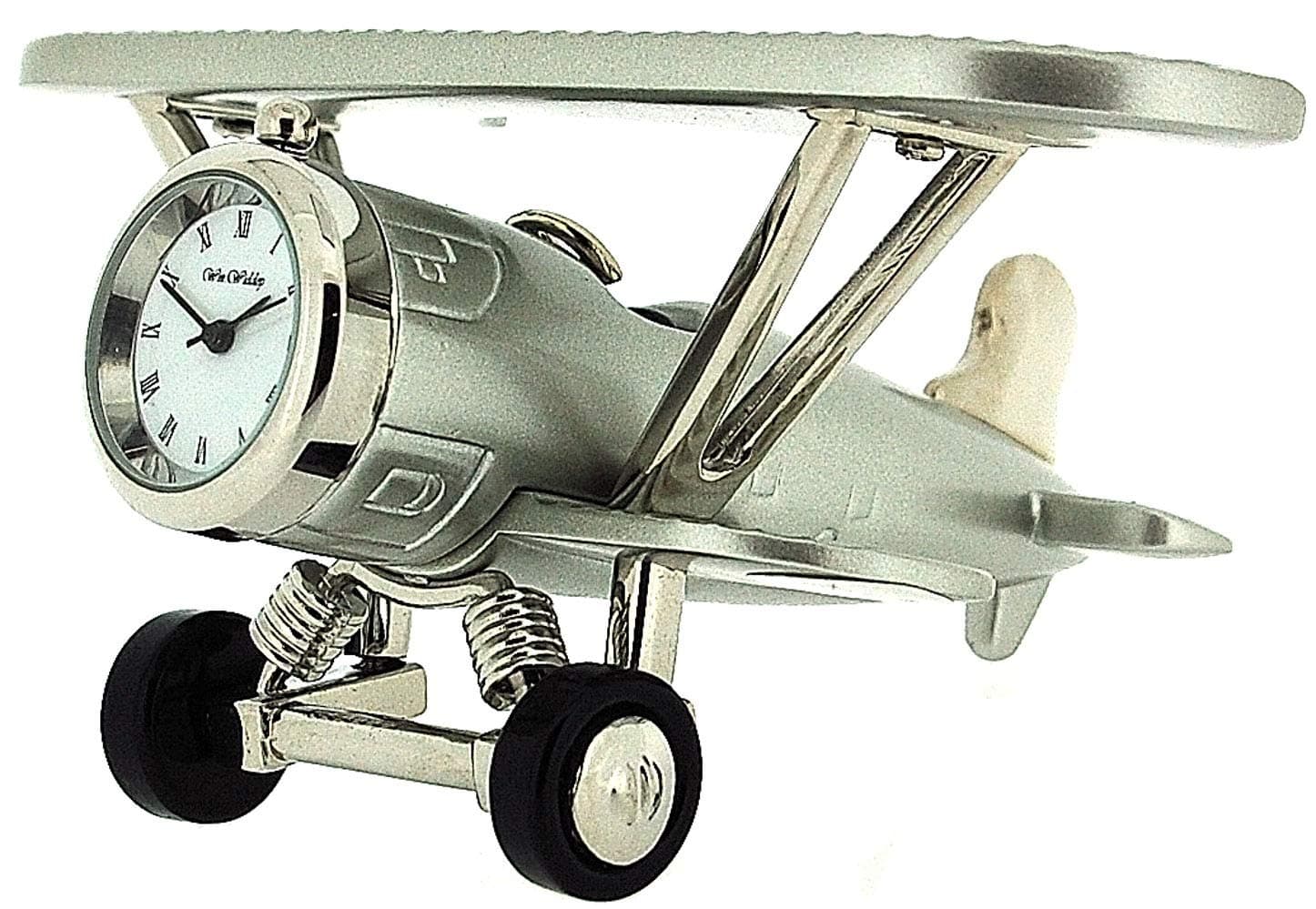 W M WIDDOP Miniature Silver Tone Biplane Novelty Desktop Collectors Clock 9132