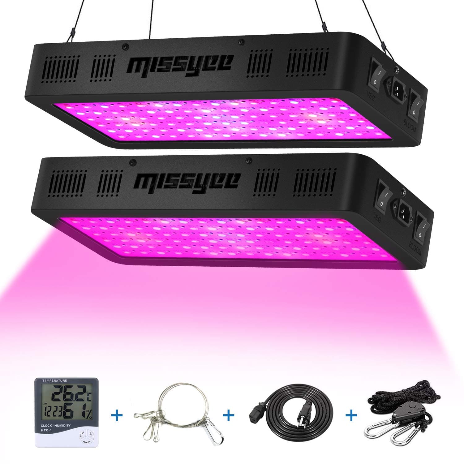missyee 2 Pack 900W LED Plant Grow Light with Thermometer Humidity Monitor, Adjustable Rope, Full Spectrum Double Switch Plant Light for Indoor Plants Veg and Flower - 900W (10W LEDs 90Pcs)