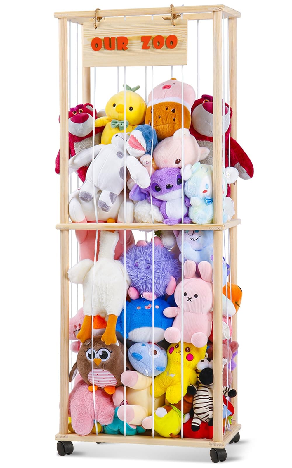 Stuffed Animal Zoo Storage - Wood Zoo Animals Toy Holder with Wheel, Animal Cage Organizer, Ball Storage, Zoo Cage for Plush Toys for Playroom Bedroom Nursery Room