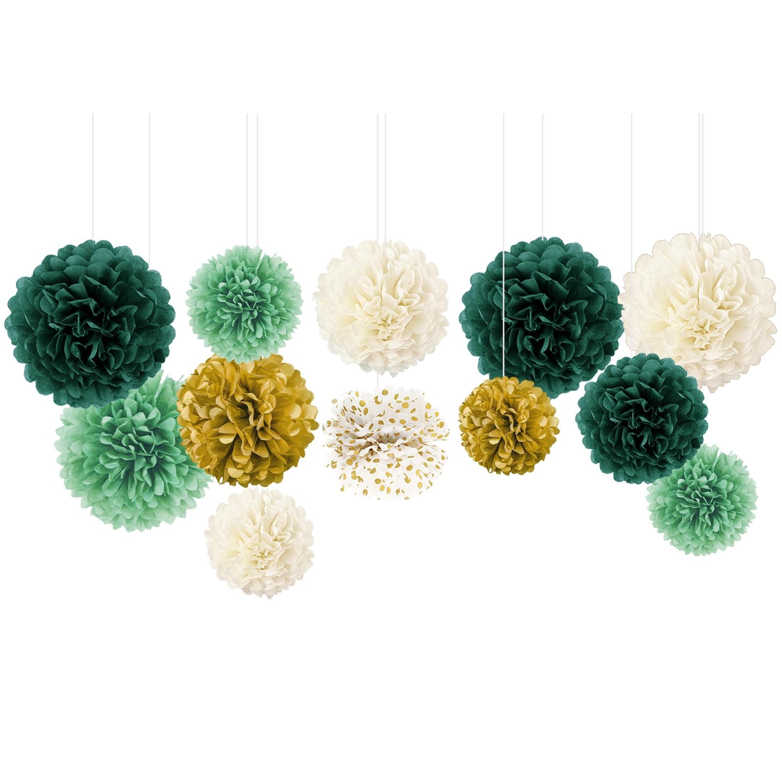 NICROLANDEE Green Wedding Party Decorations - 12 PCS Emerald Green Ivory Tissue Paper Pom Poms for Neutral Baby Shower, Vintage Party, Birthday, Bridal Showers, Rustic Wedding Decorations