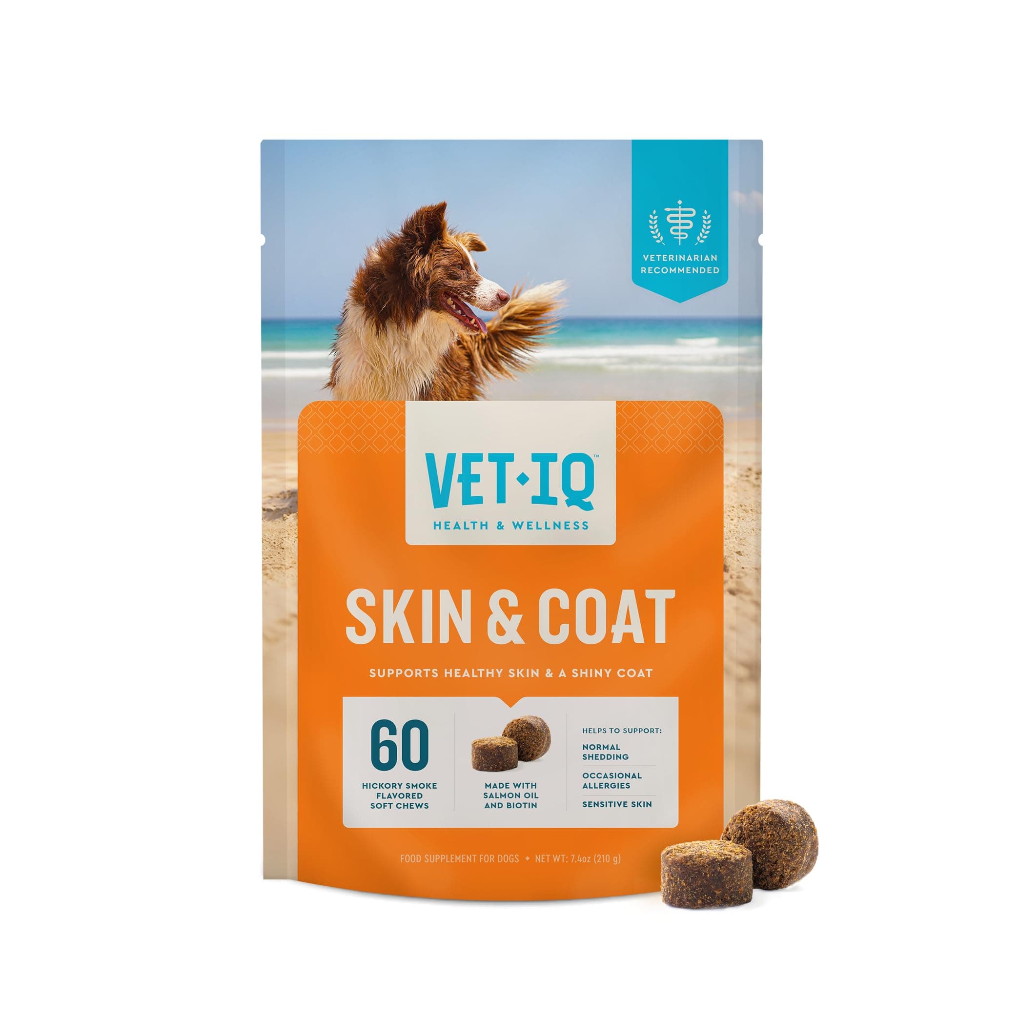 VetIQ Skin and Coat Supplement for Dogs, Helps Maintain Healthy Skin and Shiny Coat, Hickory Smoke Flavor Dog Chew, Made in The USA, 60 Count